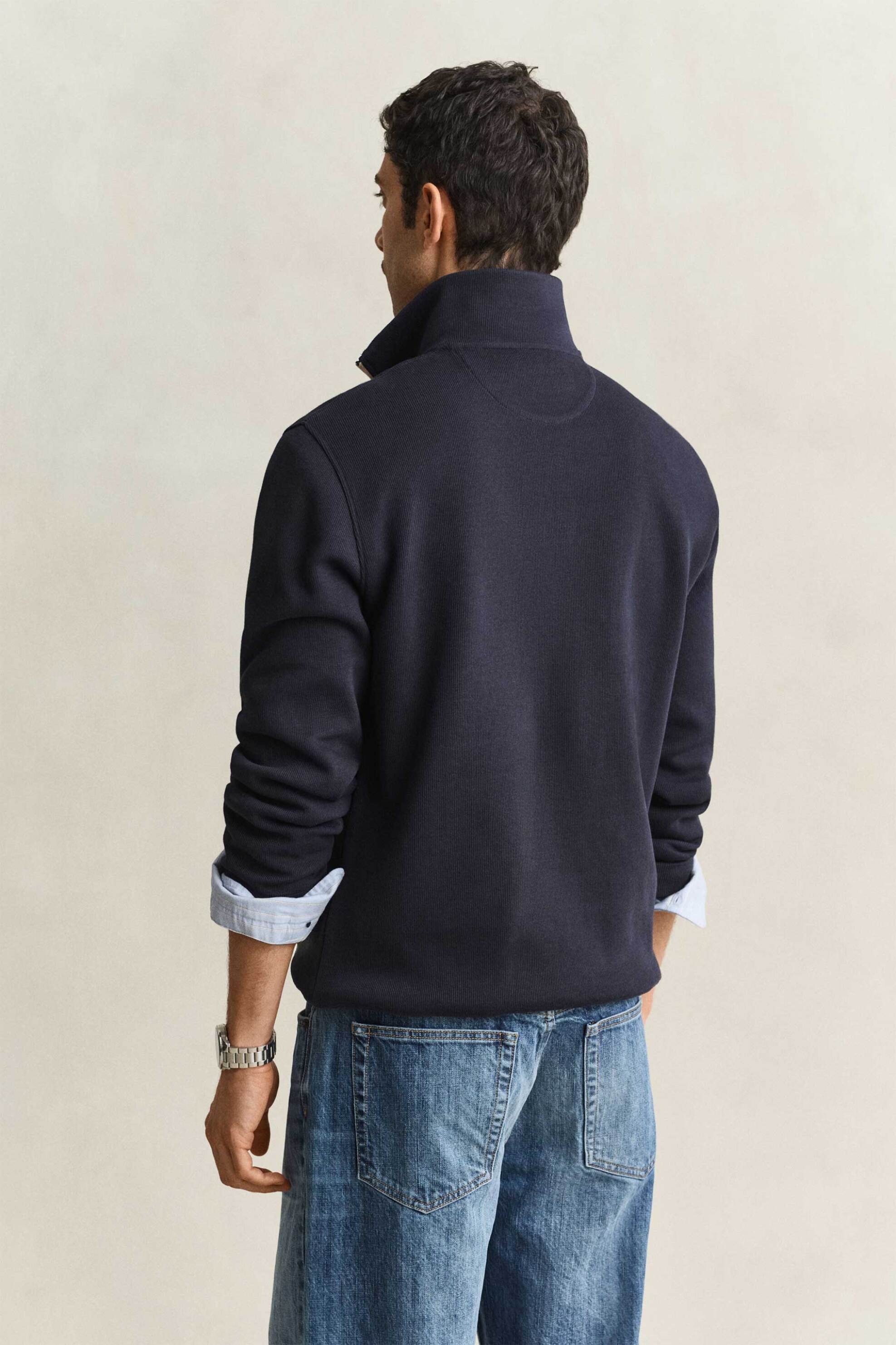 Gant Ανδρική Μπλούζα Φούτερ Ribbed με 1 2 Φερμουάρ Και Κεντημένο Λογότυπο Regular Fit - 2067160 Μπλε Σκούρο