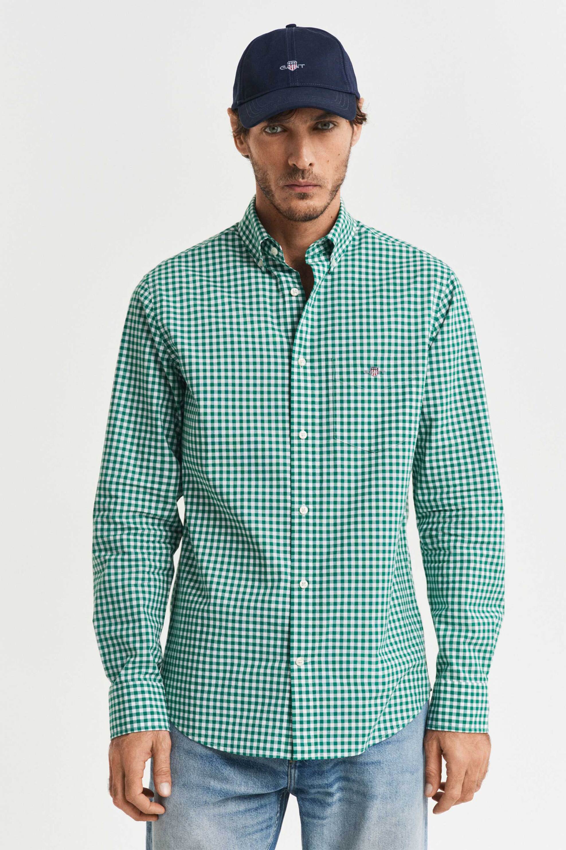 Gant ανδρικό πουκάμισο button down classic poplin με καρό σχέδιο και τσέπη με κεντημένο λογότυπο Regular Fit - 3000120 Πράσινο