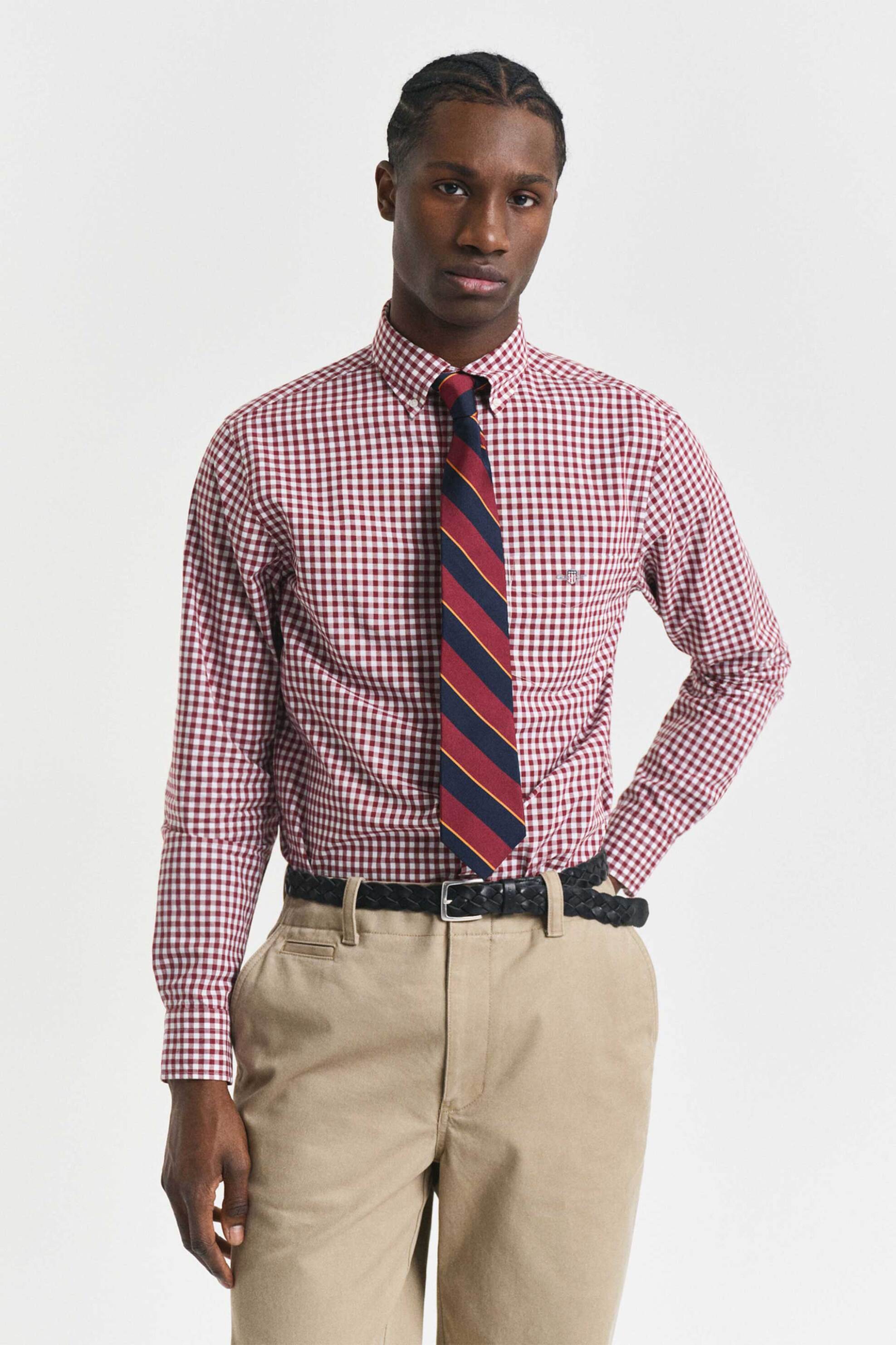 Gant ανδρικό πουκάμισο button down classic poplin με καρό σχέδιο και τσέπη με κεντημένο λογότυπο Regular Fit - 3000120 Βυσσινί