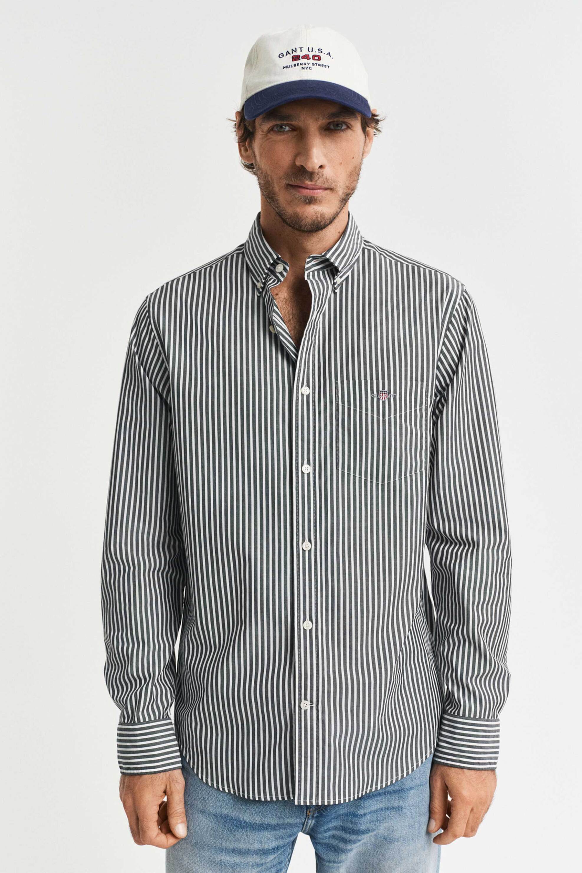 Gant ανδρικό πουκάμισο button down classic poplin με ριγέ σχέδιο και τσέπη με κεντημένο λογότυπο Regular Fit - 3000130 Μαύρο