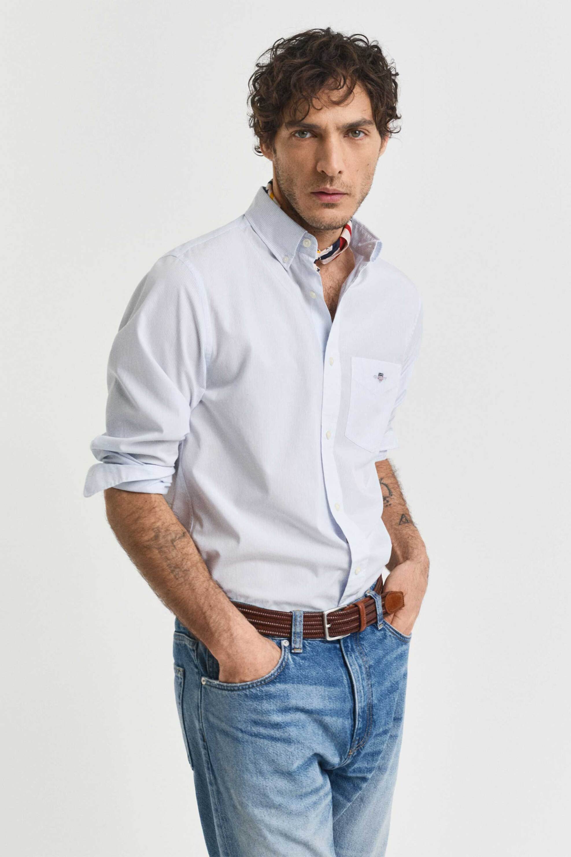 Gant ανδρικό πουκάμισο button down με ψιλό ριγέ σχέδιο και τσέπη με κεντημένο λογότυπο Regular Fit - 3000140 Σιελ