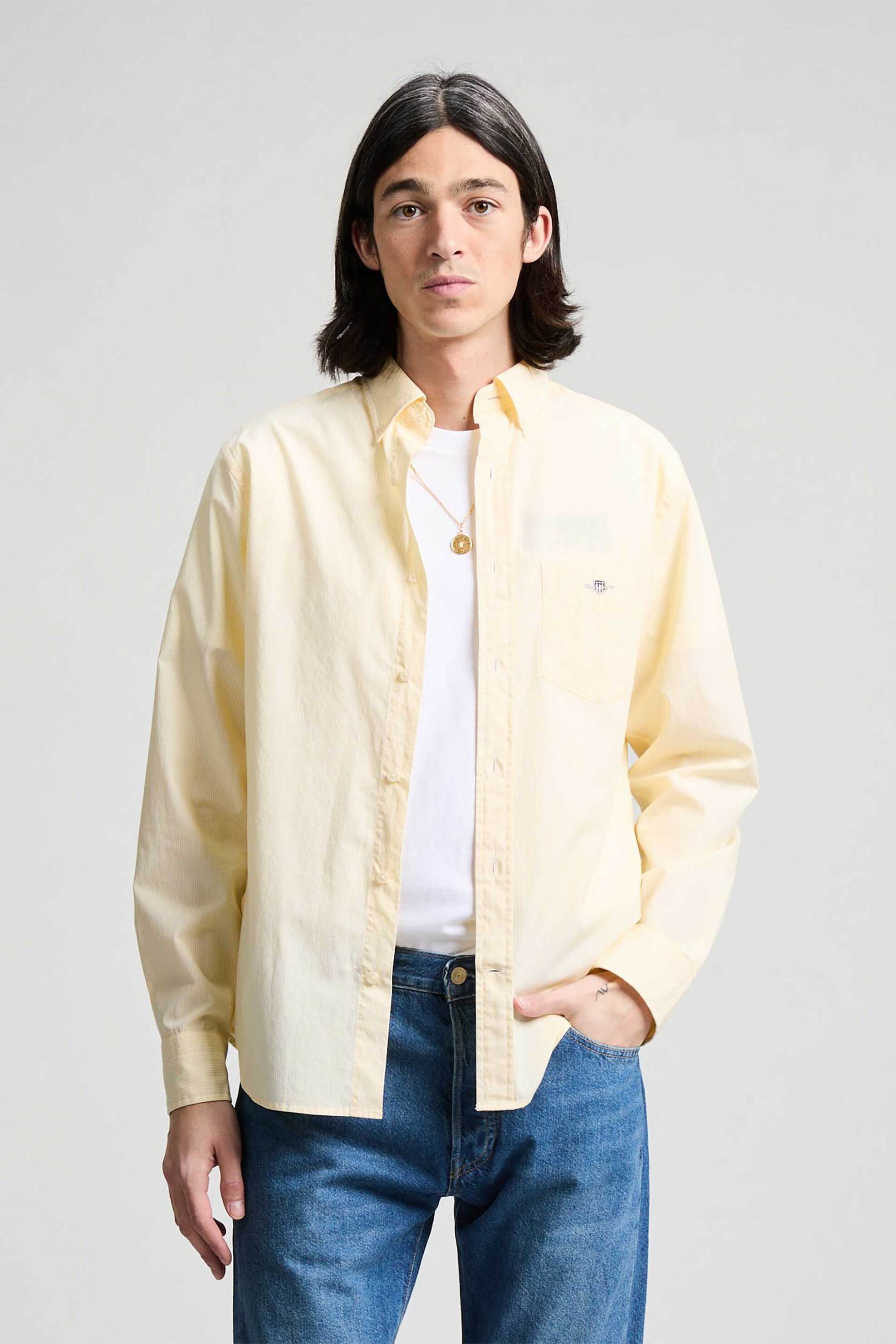 Gant ανδρικό πουκάμισο button down με ψιλό ριγέ σχέδιο και τσέπη με κεντημένο λογότυπο Regular Fit - 3000140 Κίτρινο Ανοιχτό