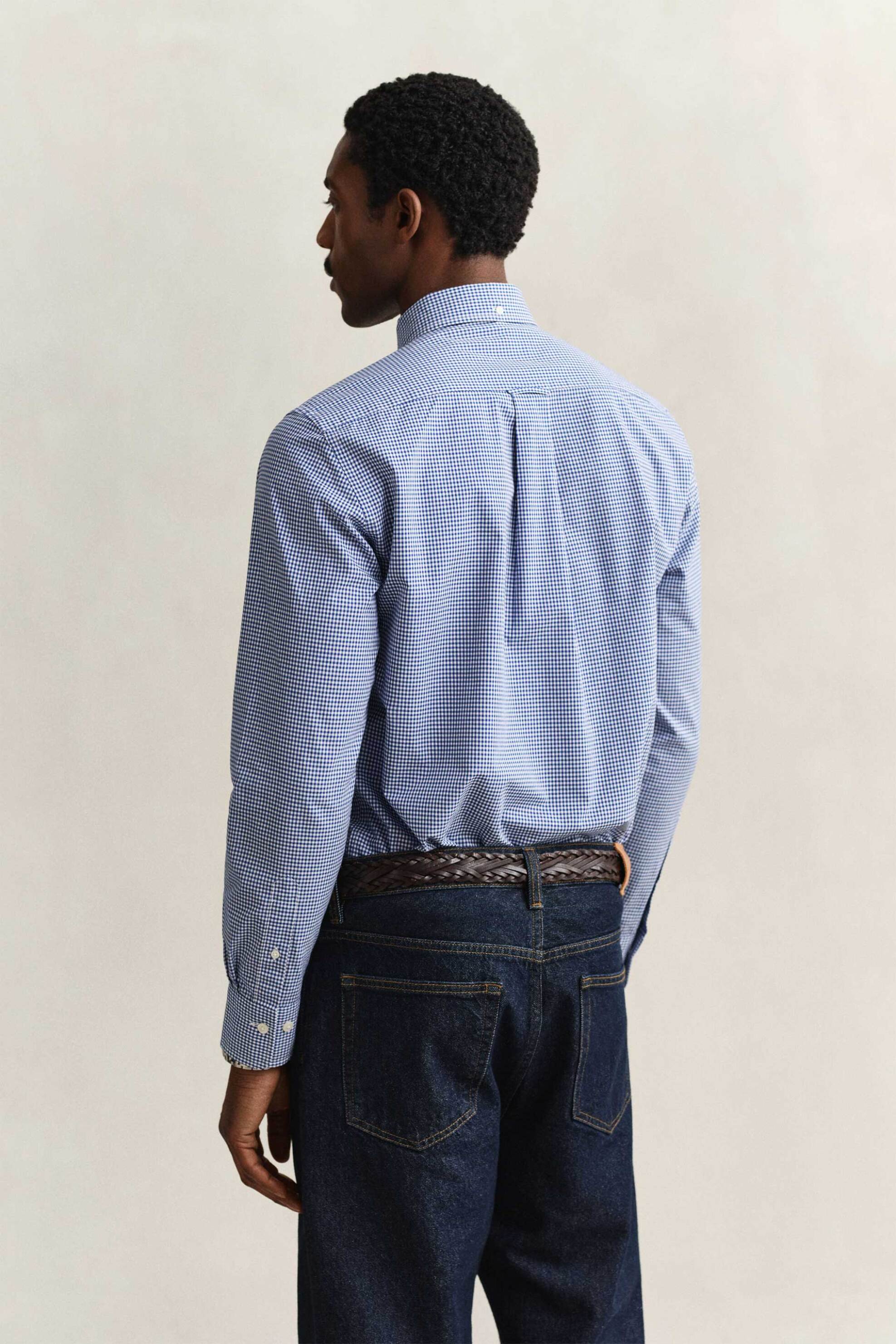 Gant Ανδρικό Πουκάμισο Poplin Button Down με Καρό Σχέδιο Και Τσέπη Κεντημένο Λογότυπο Regular Fit - 3000150 Μπλε Cornflower