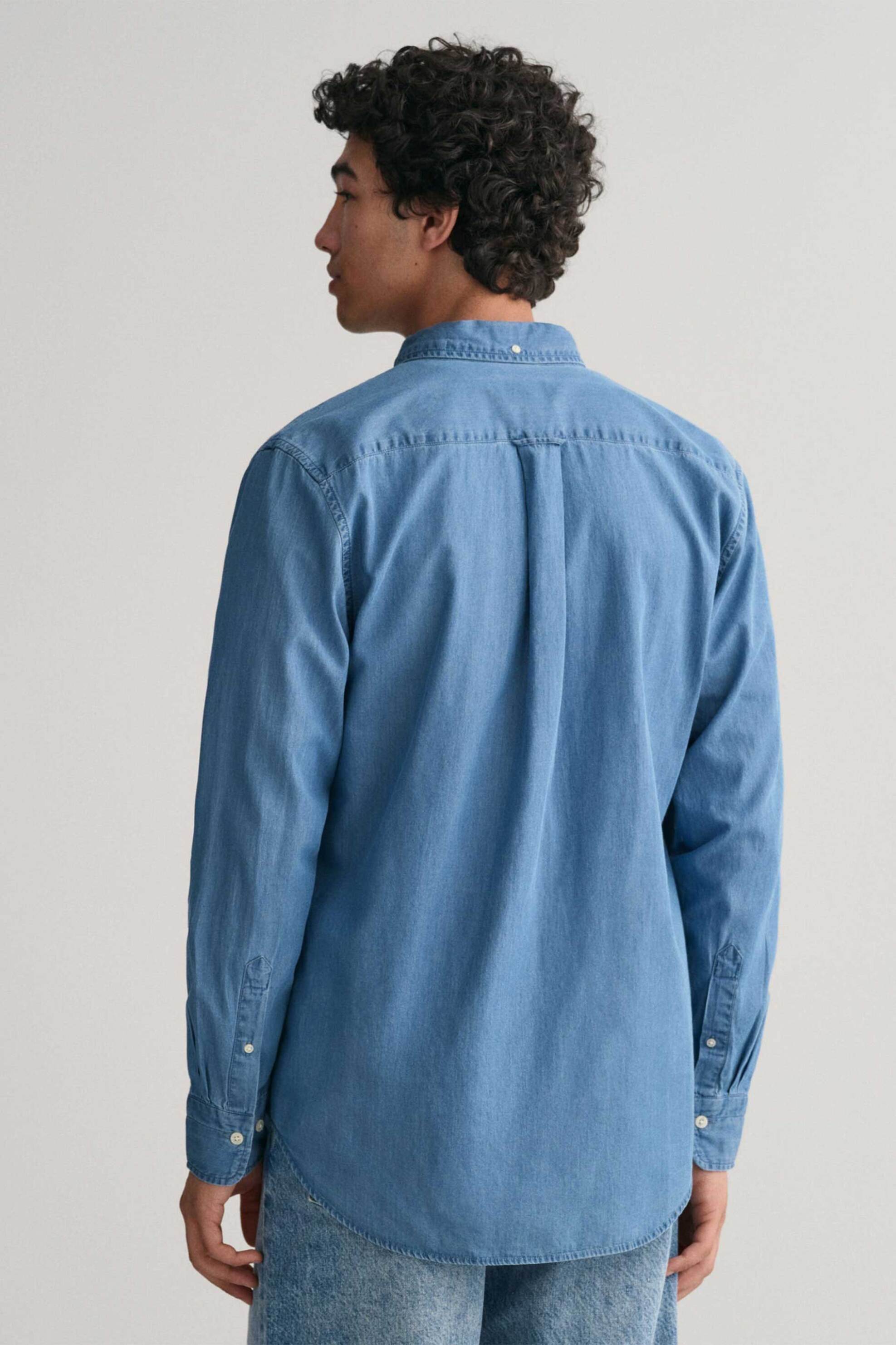 Gant Ανδρικό Denim Βαμβακερό Πουκάμισο Μονόχρωμο με Κεντημένο Λογότυπο - 3000400 Blue Ανοιχτό