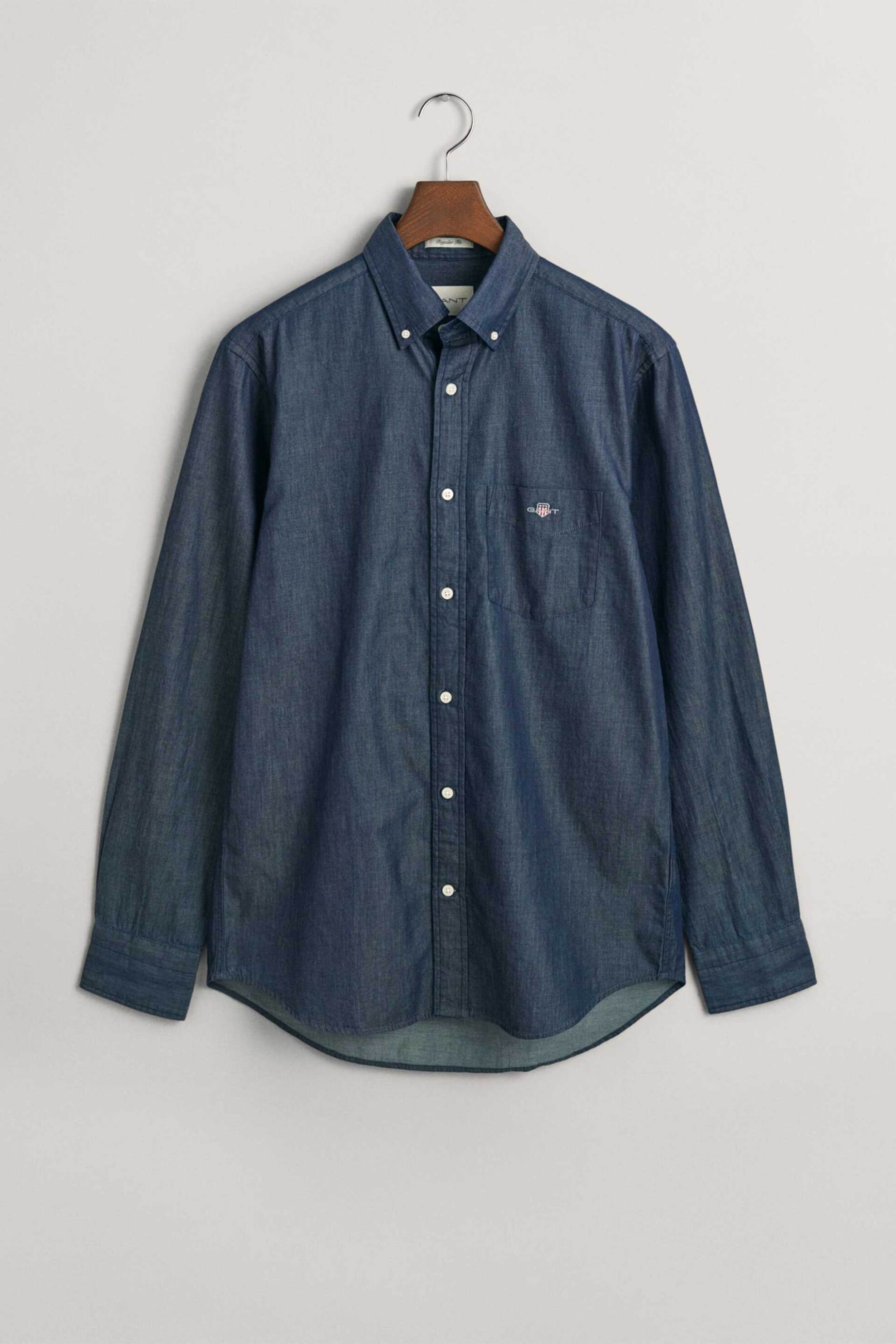 Gant Ανδρικό Denim Βαμβακερό Πουκάμισο Μονόχρωμο με Κεντημένο Λογότυπο - 3000400 Blue Σκούρο
