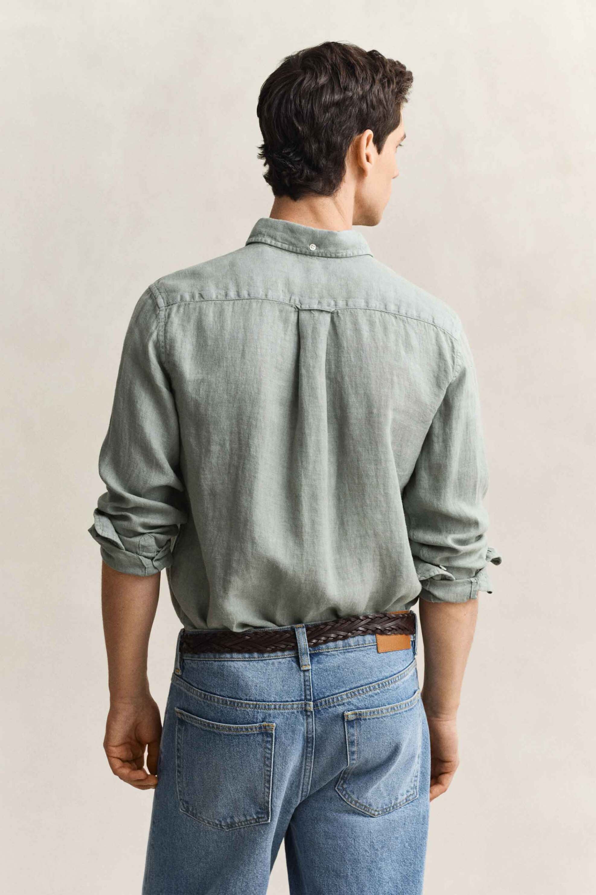 Gant Ανδρικό Λινό Πουκάμισο Button Down με Τσέπη Και Κεντημένο Λογότυπο Regular Fit - 3240120 Γκρι Γαλάζιο