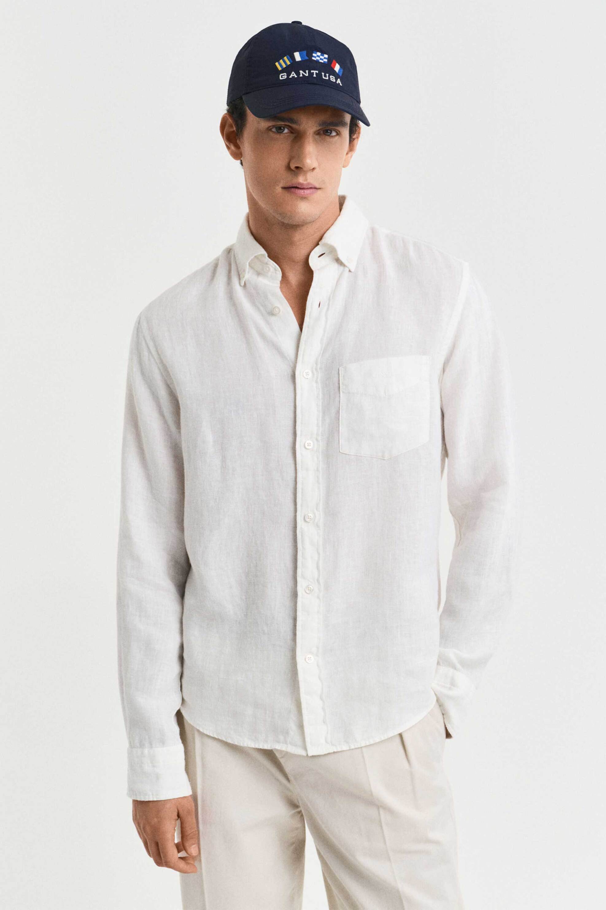 Gant ανδρικό λινό πουκάμισο button down με τσέπη και κεντημένο λογότυπο Regular Fit - 3240120 Λευκό
