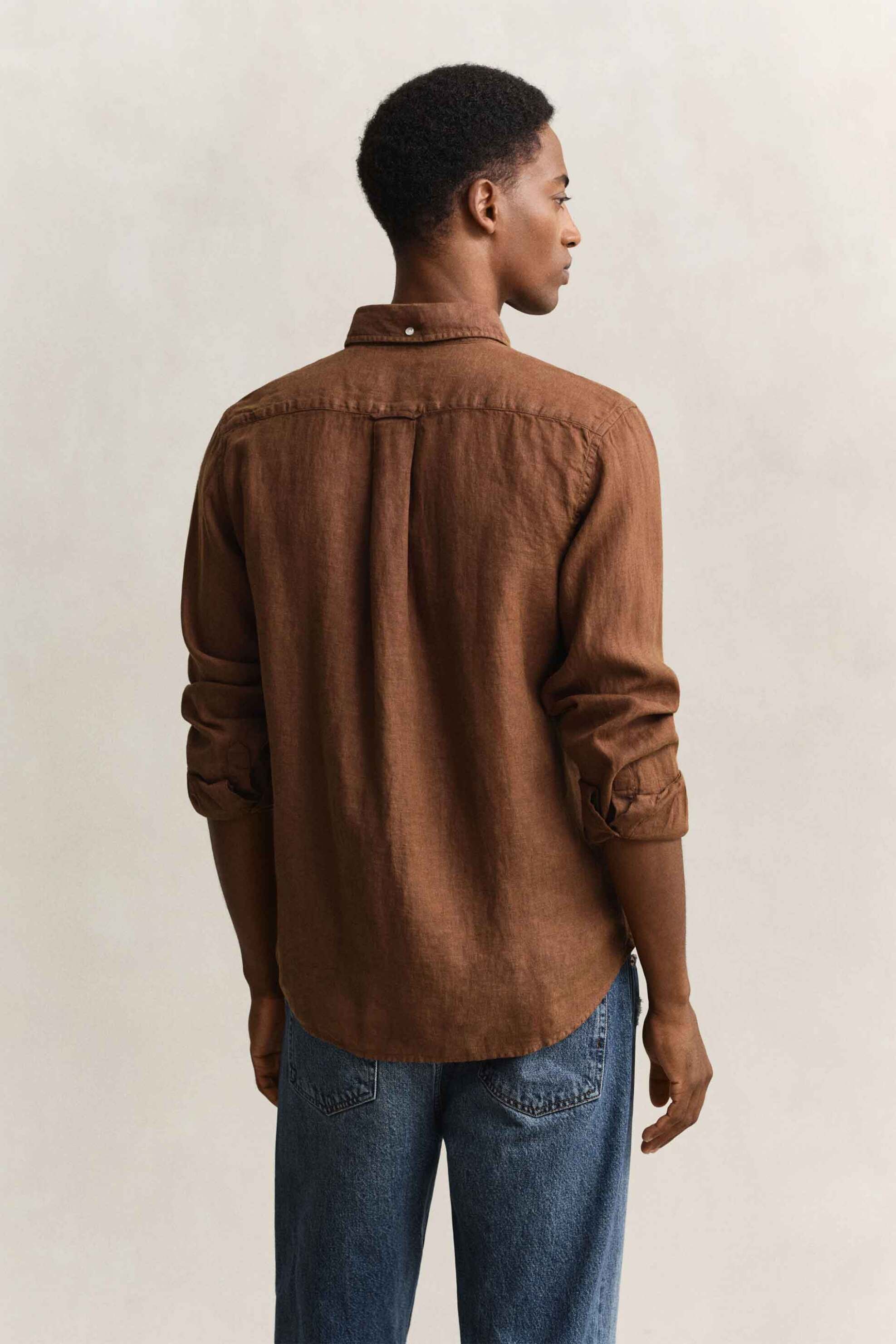 Gant Ανδρικό Λινό Πουκάμισο Button Down με Τσέπη Και Κεντημένο Λογότυπο Regular Fit - 3240120 Καφέ