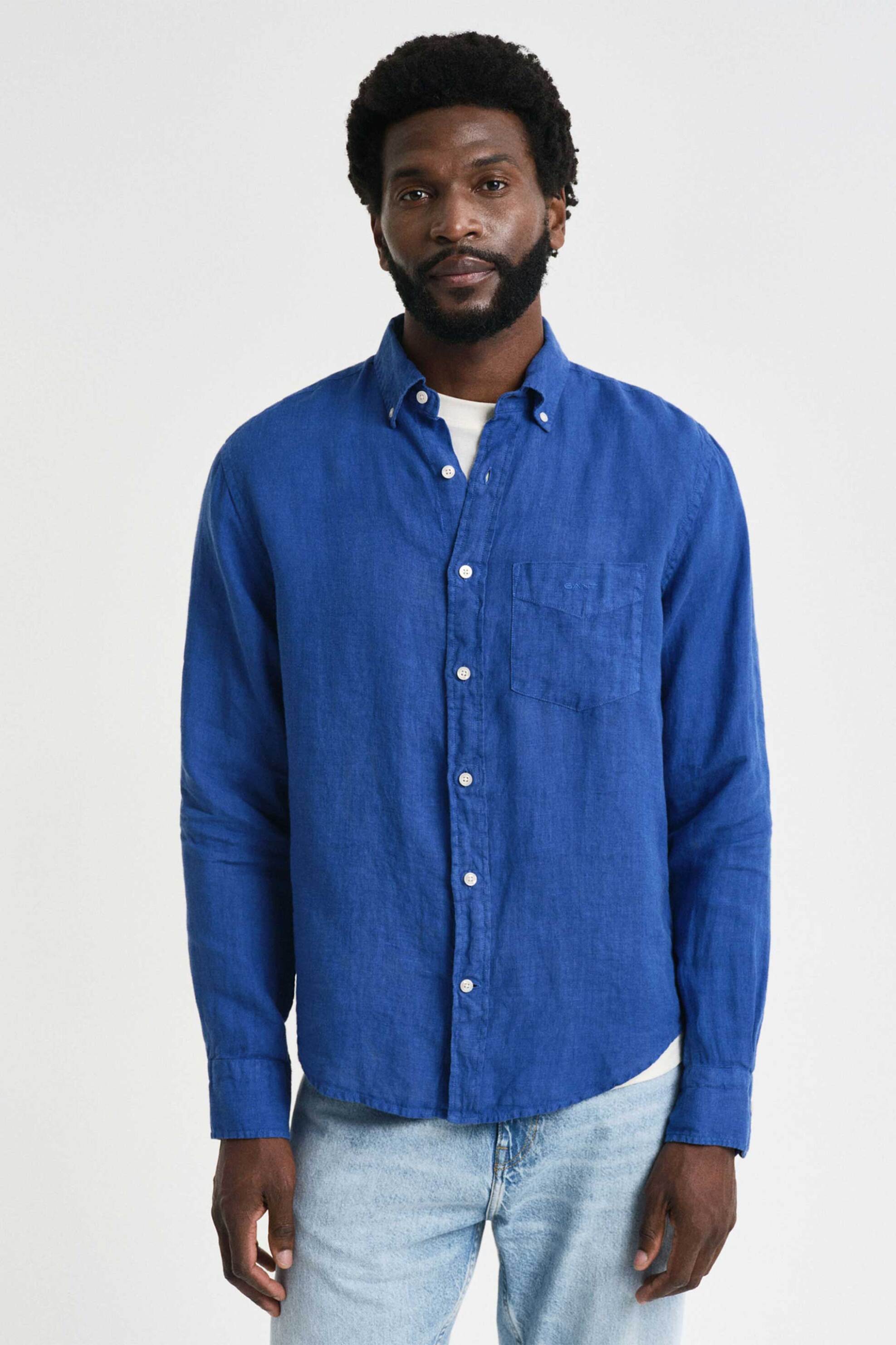 Gant ανδρικό λινό πουκάμισο button down με τσέπη και κεντημένο λογότυπο Regular Fit - 3240120 Μπλε