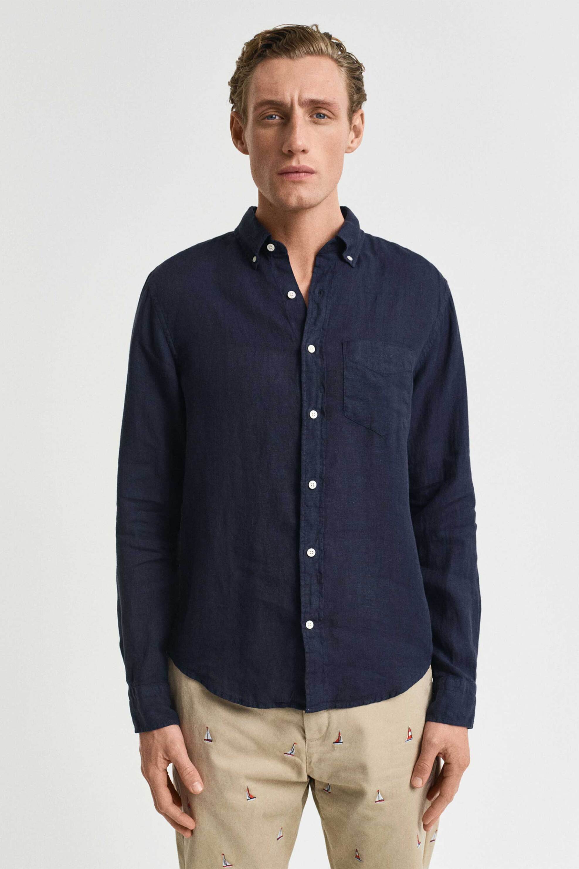 Gant ανδρικό λινό πουκάμισο button down με τσέπη και κεντημένο λογότυπο Regular Fit - 3240120 Μπλε Σκούρο