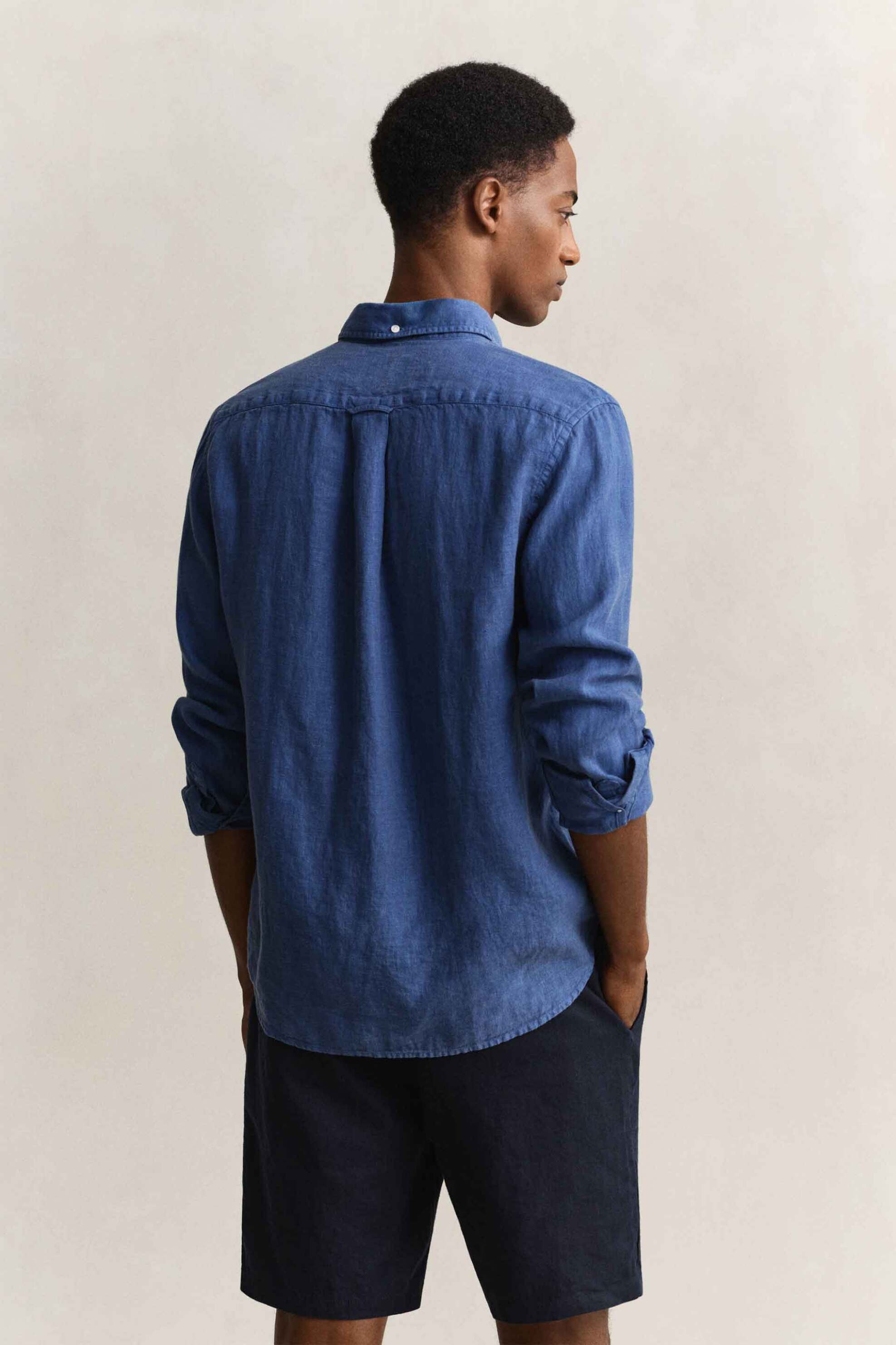 Gant Ανδρικό Λινό Πουκάμισο Button Down με Τσέπη Και Κεντημένο Λογότυπο Regular Fit - 3240120 Μπλε Mirage