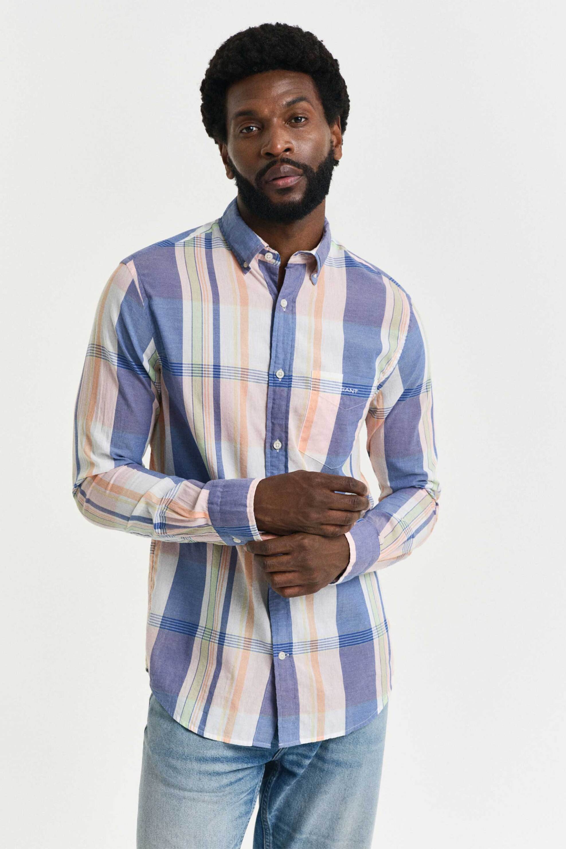 GANT Gant ανδρικό πουκάμισο button down με ριγέ σχέδιο και τσέπη με κεντημένο λογότυπο Regular Fit - 3250067 Κρέμ