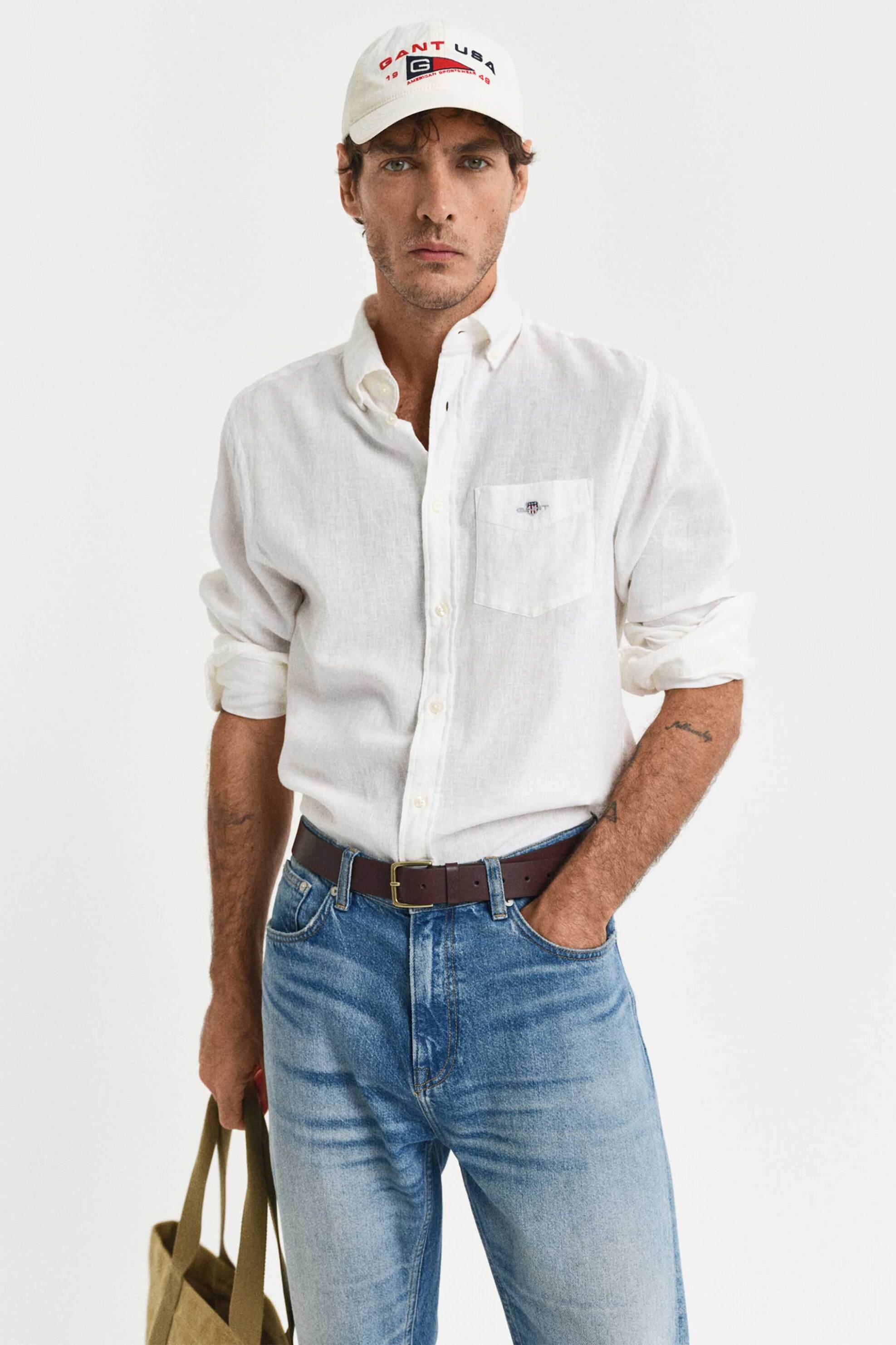 Gant ανδρικό πουκάμισο button down από λινάρι και βαμβάκι με τσέπη και λογότυπο Regular Fit - 3250082 Λευκό