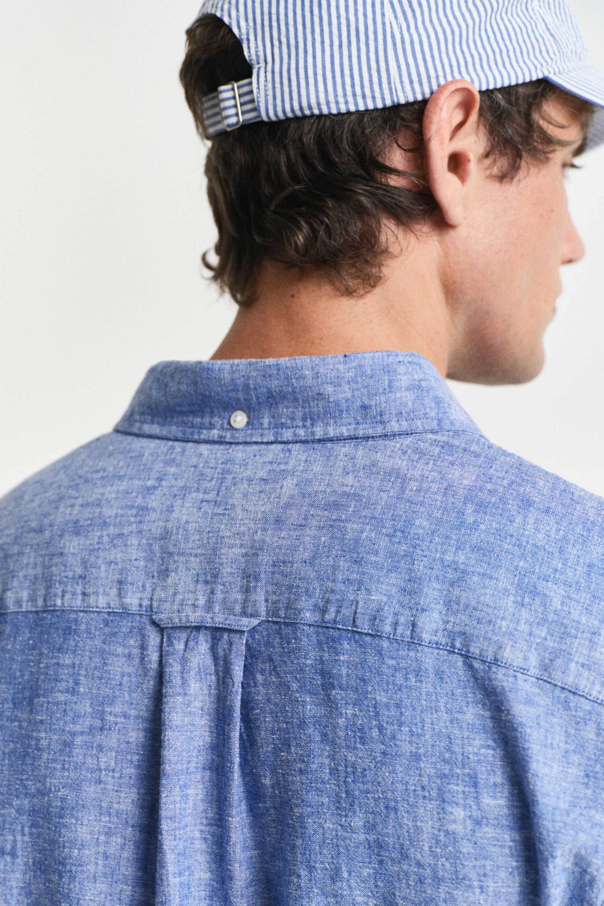 Gant Ανδρικό Πουκάμισο Button Down από Λινάρι Και Βαμβάκι με Τσέπη Λογότυπο Regular Fit - 3250082 Μπλε