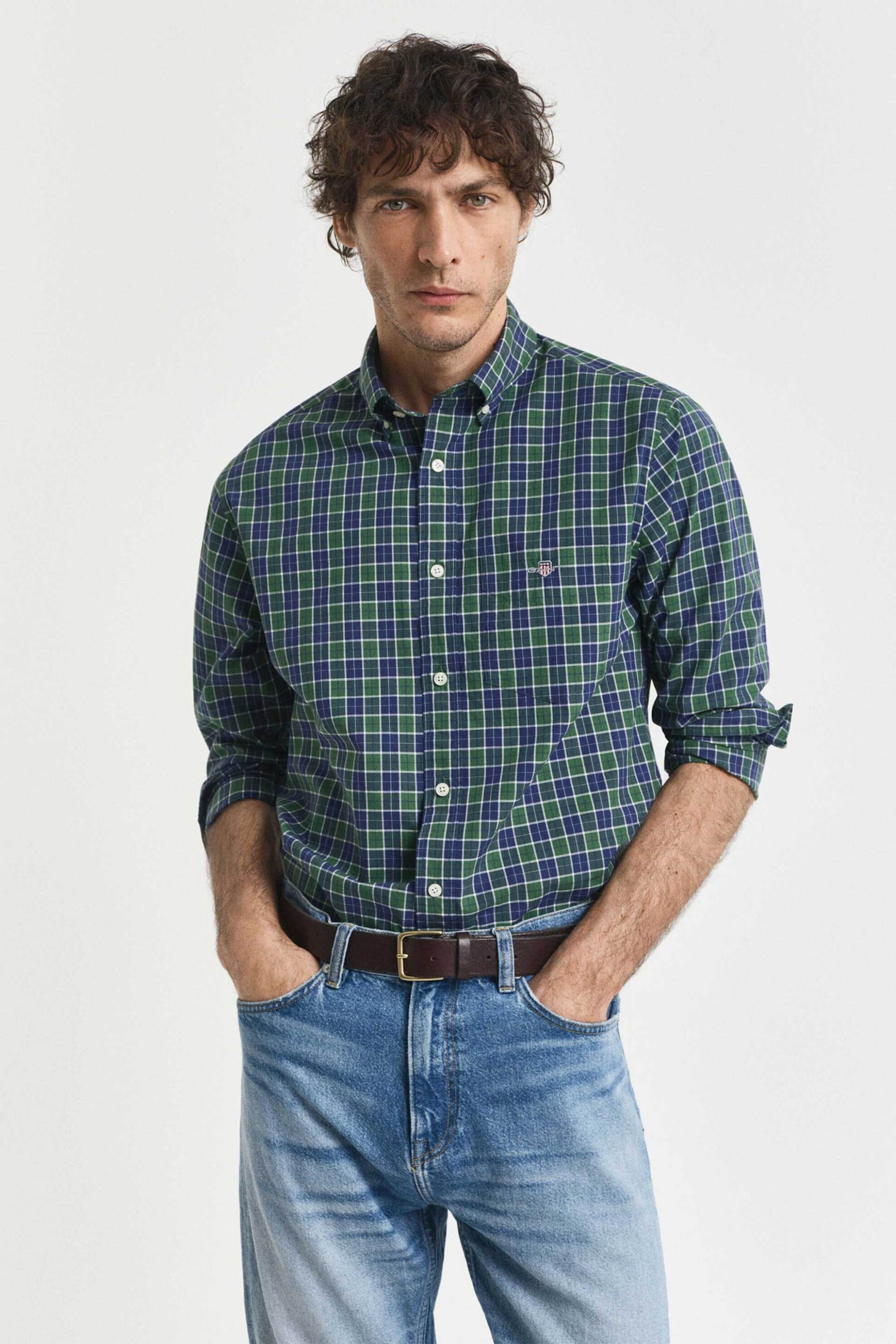 Gant ανδρικό πουκάμισο poplin button down με καρό σχέδιο και τσέπη με κεντημένο λογότυπο Regular Fit - 3250213 Πράσινο