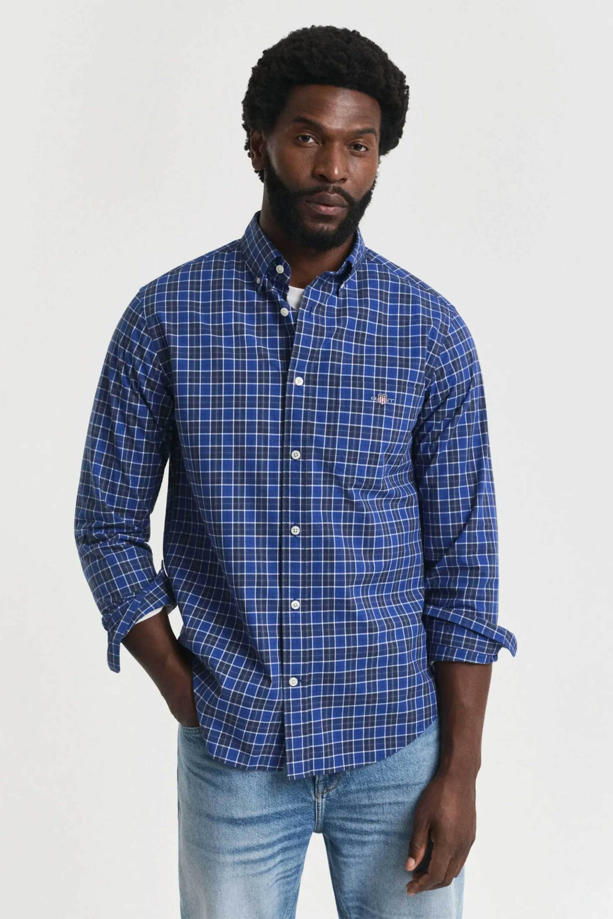 Gant ανδρικό πουκάμισο poplin button down με καρό σχέδιο και τσέπη με κεντημένο λογότυπο Regular Fit - 3250213 Μπλε