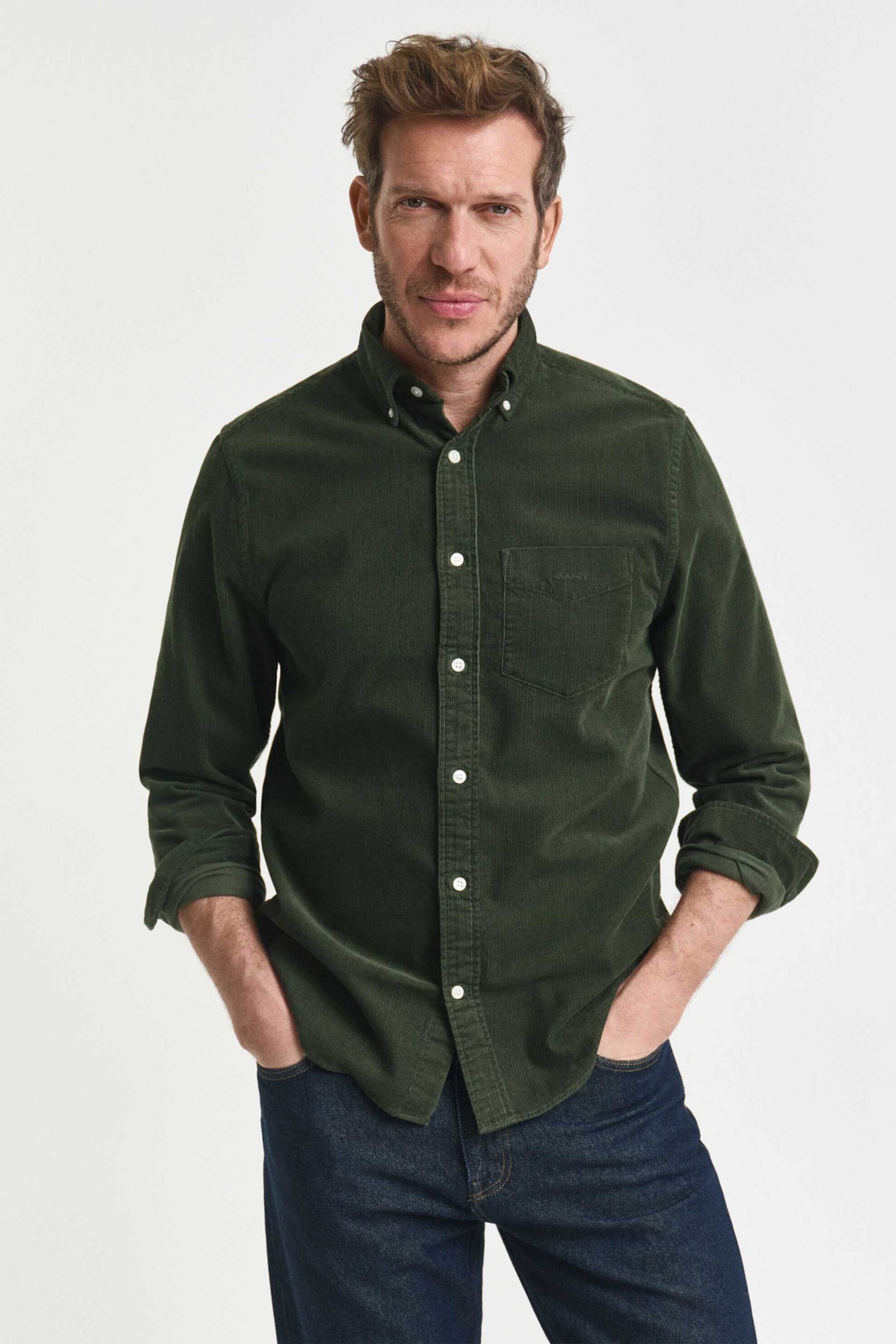 Gant ανδρικό κοτλέ πουκάμισο button down με τσέπη και κεντημένο λογότυπο Regular Fit - 3250230 Πράσινο