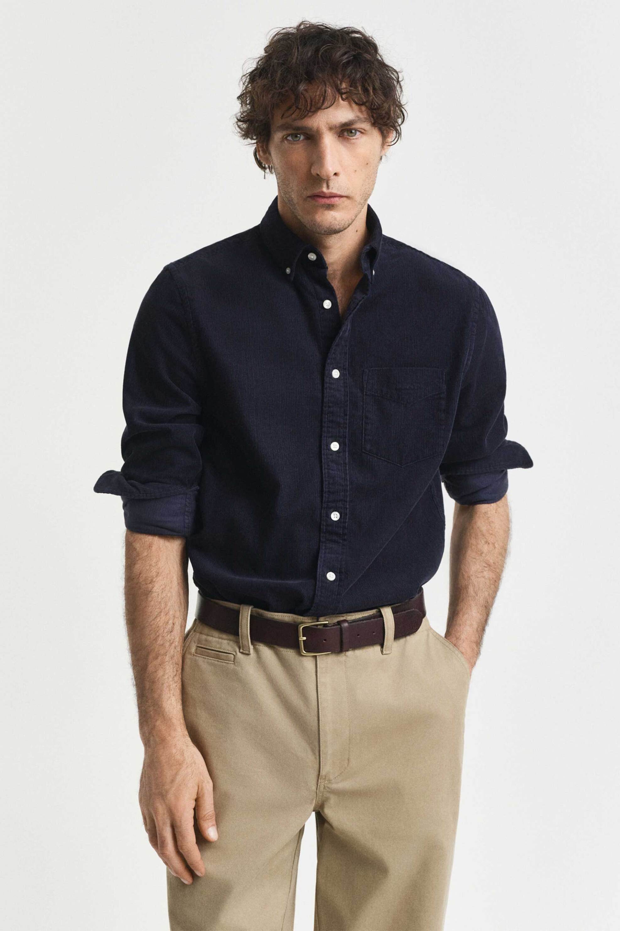 Gant ανδρικό κοτλέ πουκάμισο button down με τσέπη και κεντημένο λογότυπο Regular Fit - 3250230 Μπλε Σκούρο