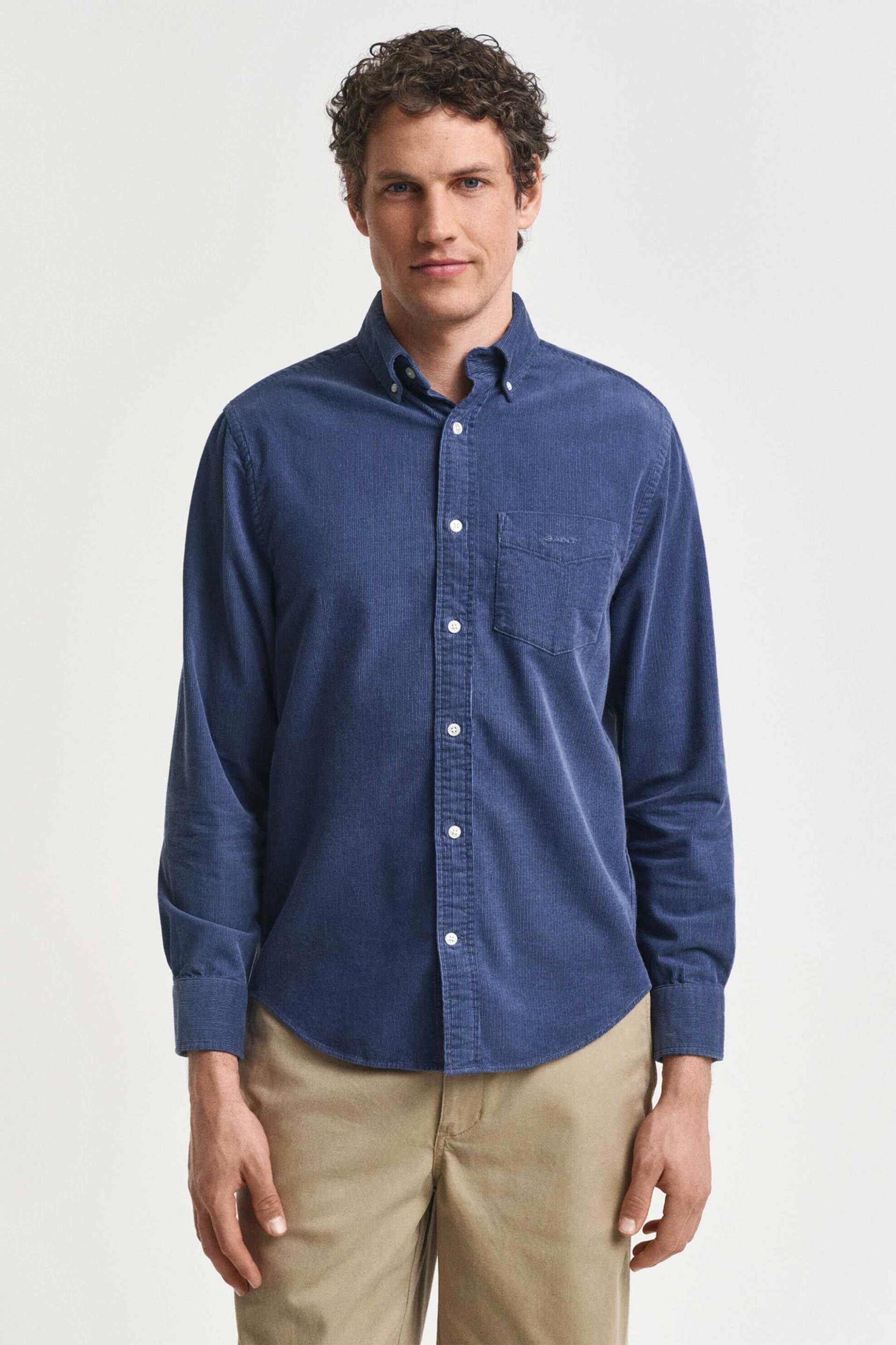 Gant ανδρικό κοτλέ πουκάμισο button down με τσέπη και κεντημένο λογότυπο Regular Fit - 3250230 Μπλε Ανοιχτό