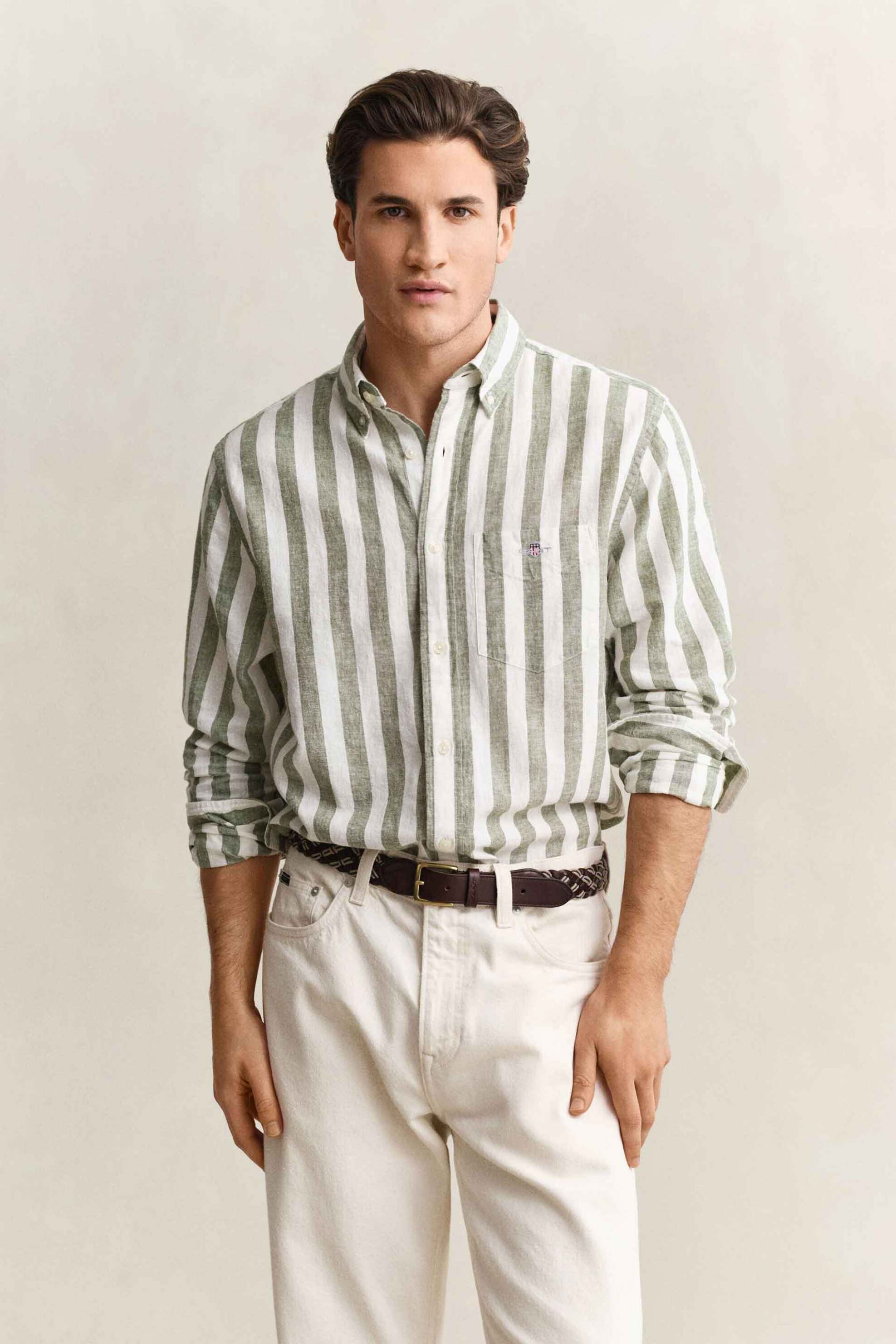 Gant ανδρικό πουκάμισο button down με ριγέ σχέδιο και τσέπη με λογότυπο Regular Fit - 3260019 Λαδί