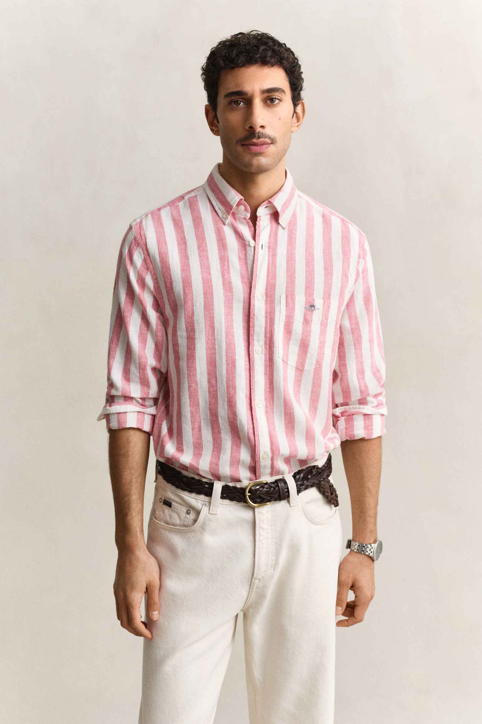 Gant ανδρικό πουκάμισο button down με ριγέ σχέδιο και τσέπη με λογότυπο Regular Fit - 3260019 Ροζ