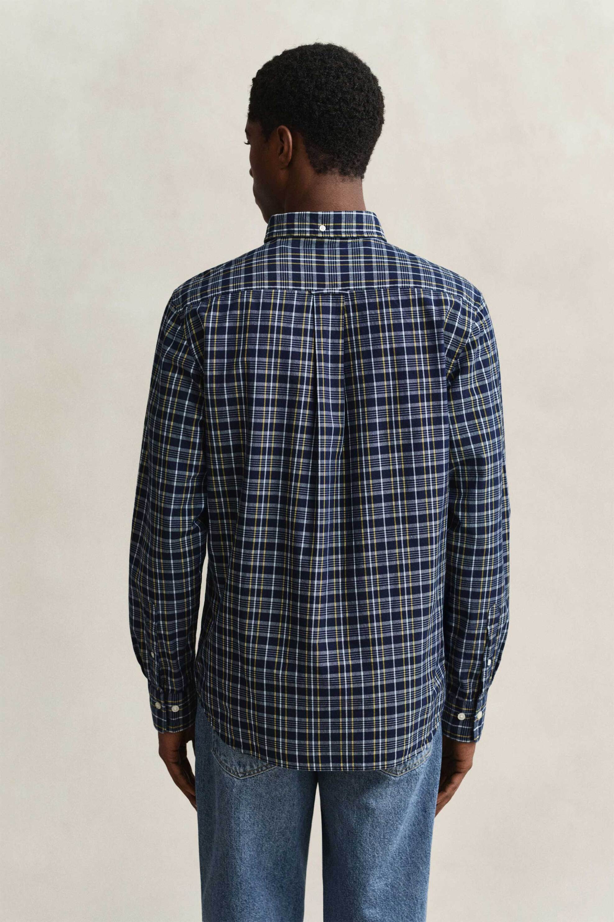 Gant Ανδρικό Πουκάμισο Poplin Button Down με Καρό Σχέδιο Και Τσέπη Κεντημένο Λογότυπο Regular Fit - 3262008 Μπλε Σκούρο