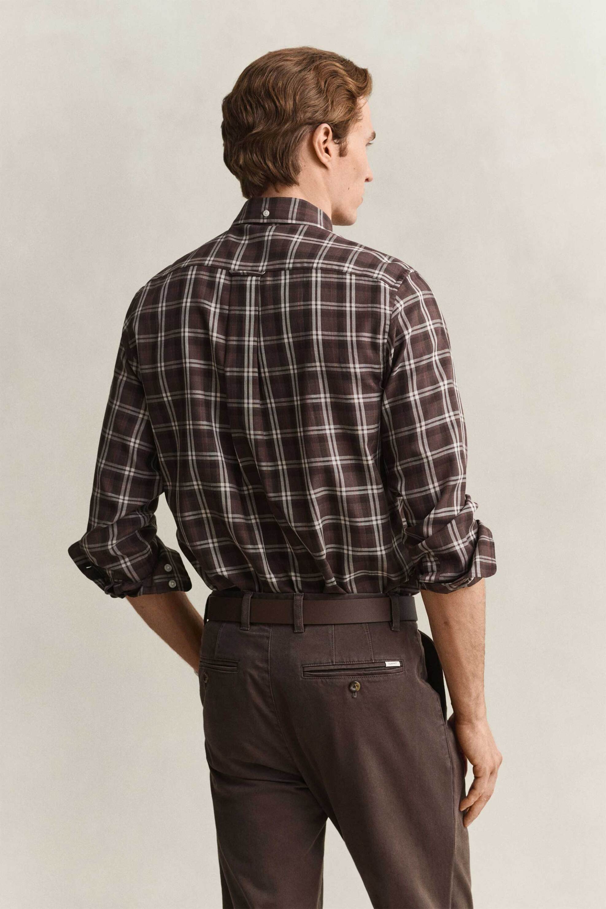 Gant Ανδρικό Πουκάμισο Twill Button Down με Καρό Σχέδιο Και Τσέπη Κεντημένο Λογότυπο Regular Fit - 3262020 Καφέ