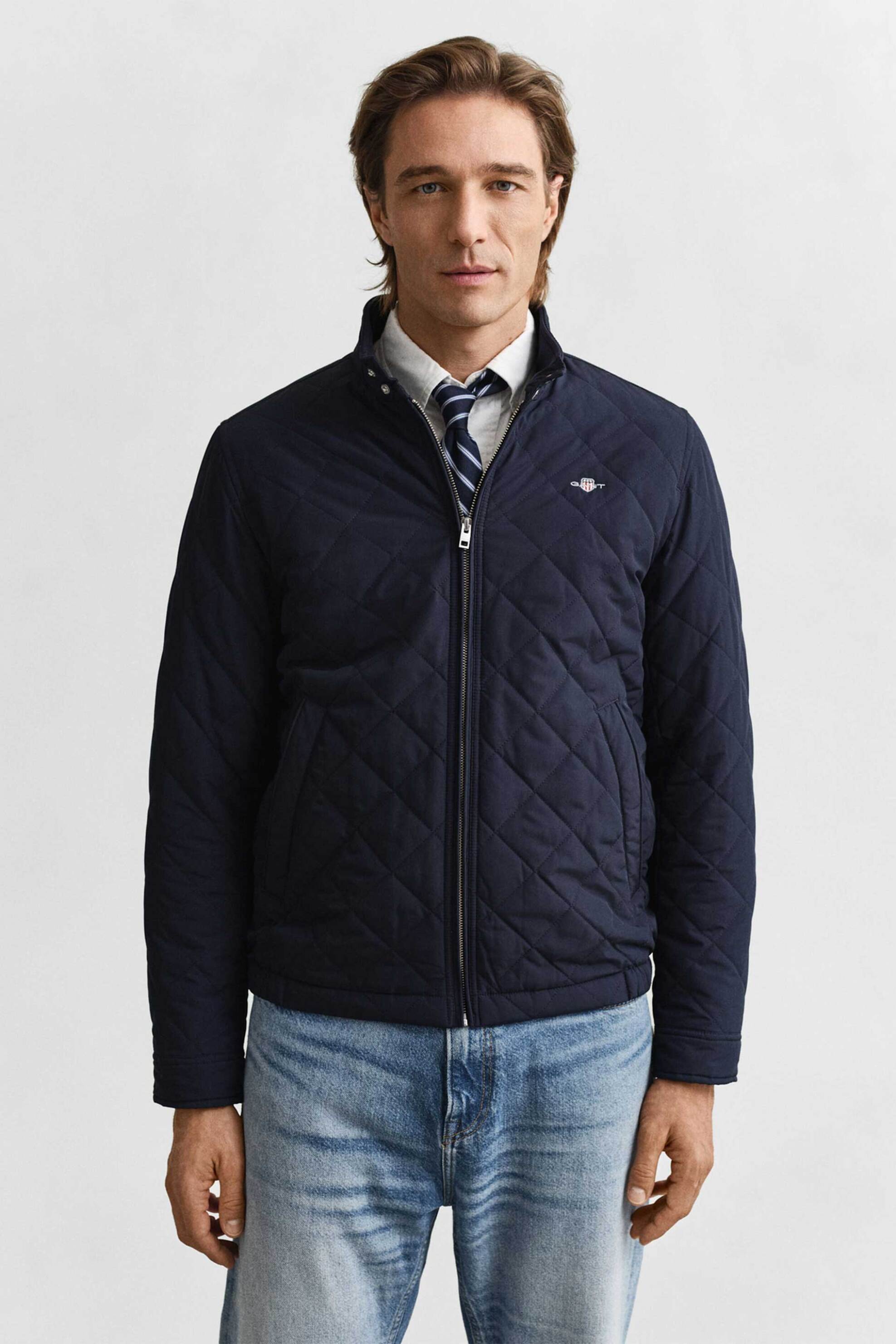 Gant ανδρικό μπουφάν αντιανεμικό αδιάβροχο με καπιτονέ σχέδιο και κεντημένο λογότυπο Regular Fit - 7006340 Μπλε Σκούρο