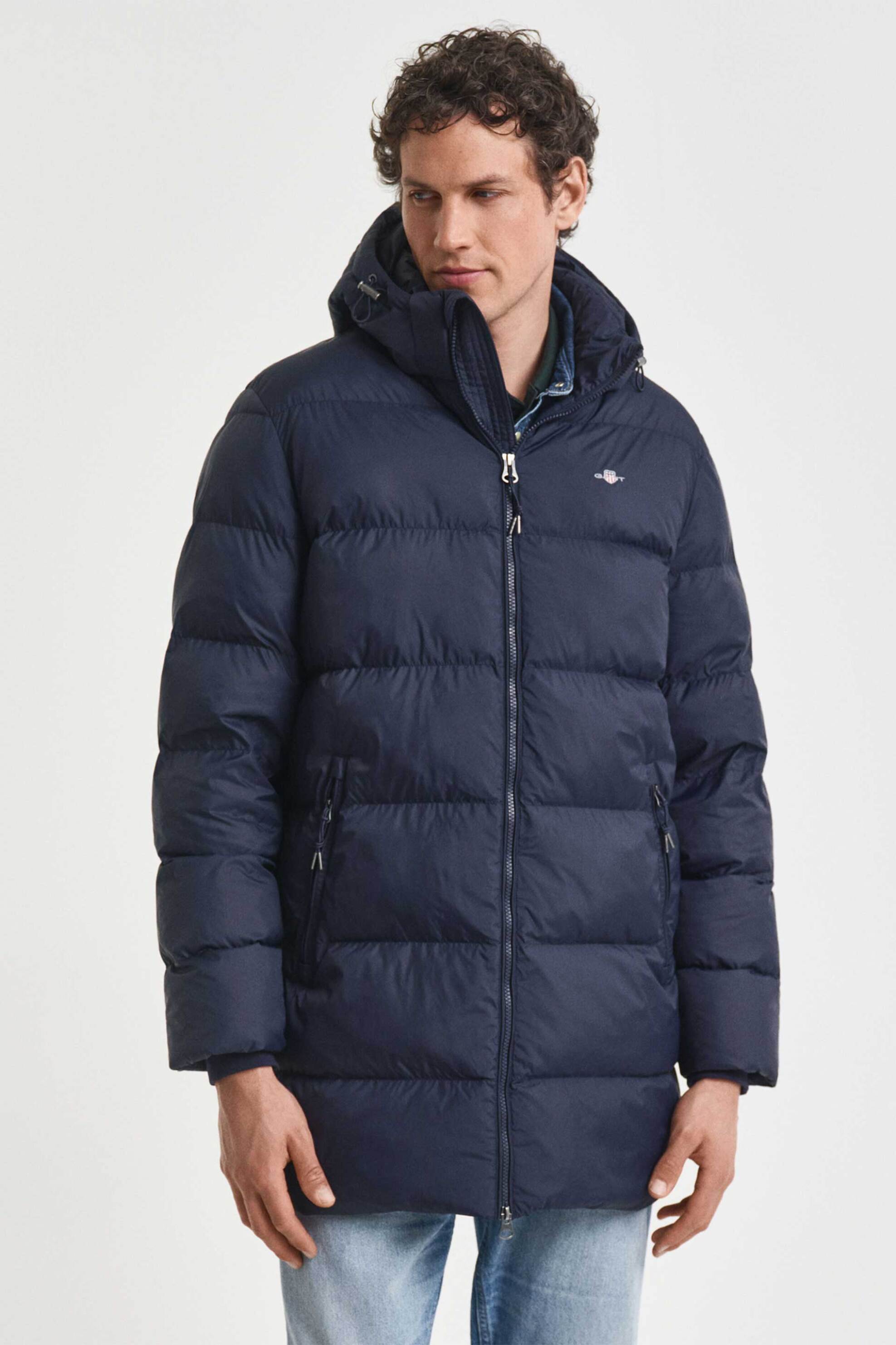 Gant ανδρικό μακρύ μπουφάν puffer αδιάβροχο με καπιτονέ σχέδιο, κουκούλα και κεντημένο λογότυπο Regular Fit - 7006535 Μπλε Σκούρο