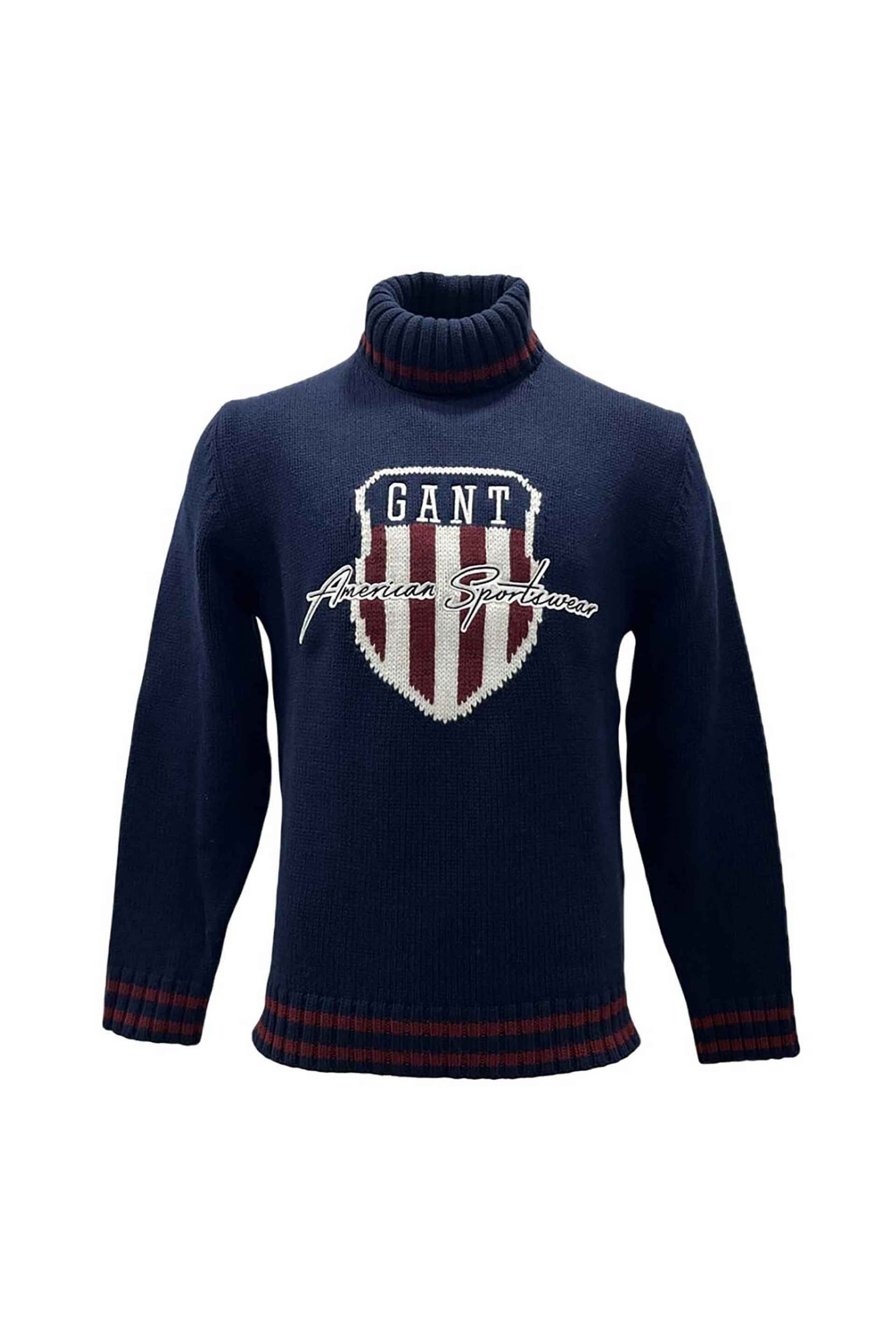 Gant ανδρική πλεκτή μπλούζα ζιβάγκο με κεντημένο graphic logo Regular Fit - 8030272 Μπλε Σκούρο