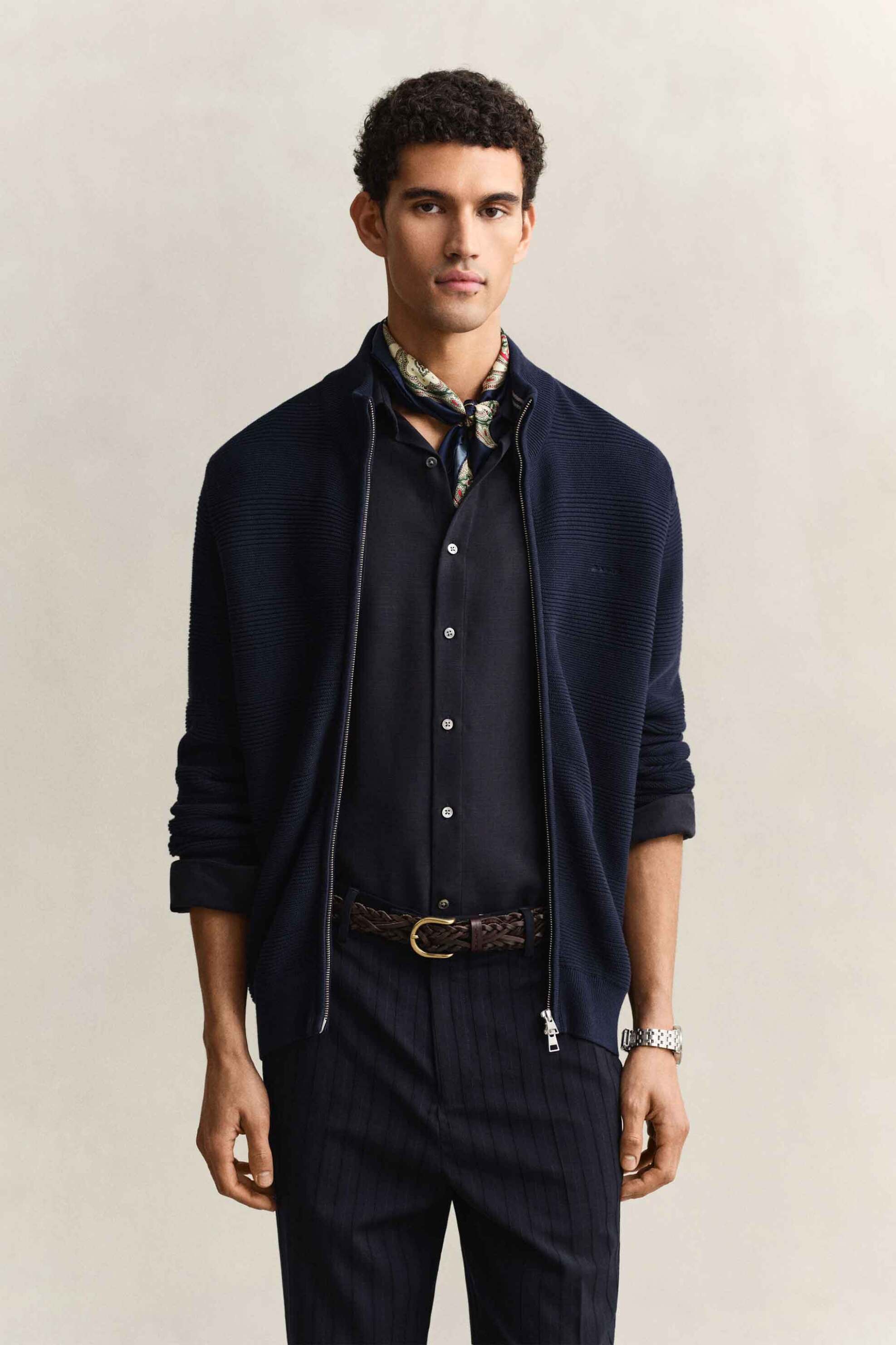 Gant ανδρική πλεκτή ζακέτα textured με λογότυπο Regular Fit - 8030278 Μπλε Σκούρο