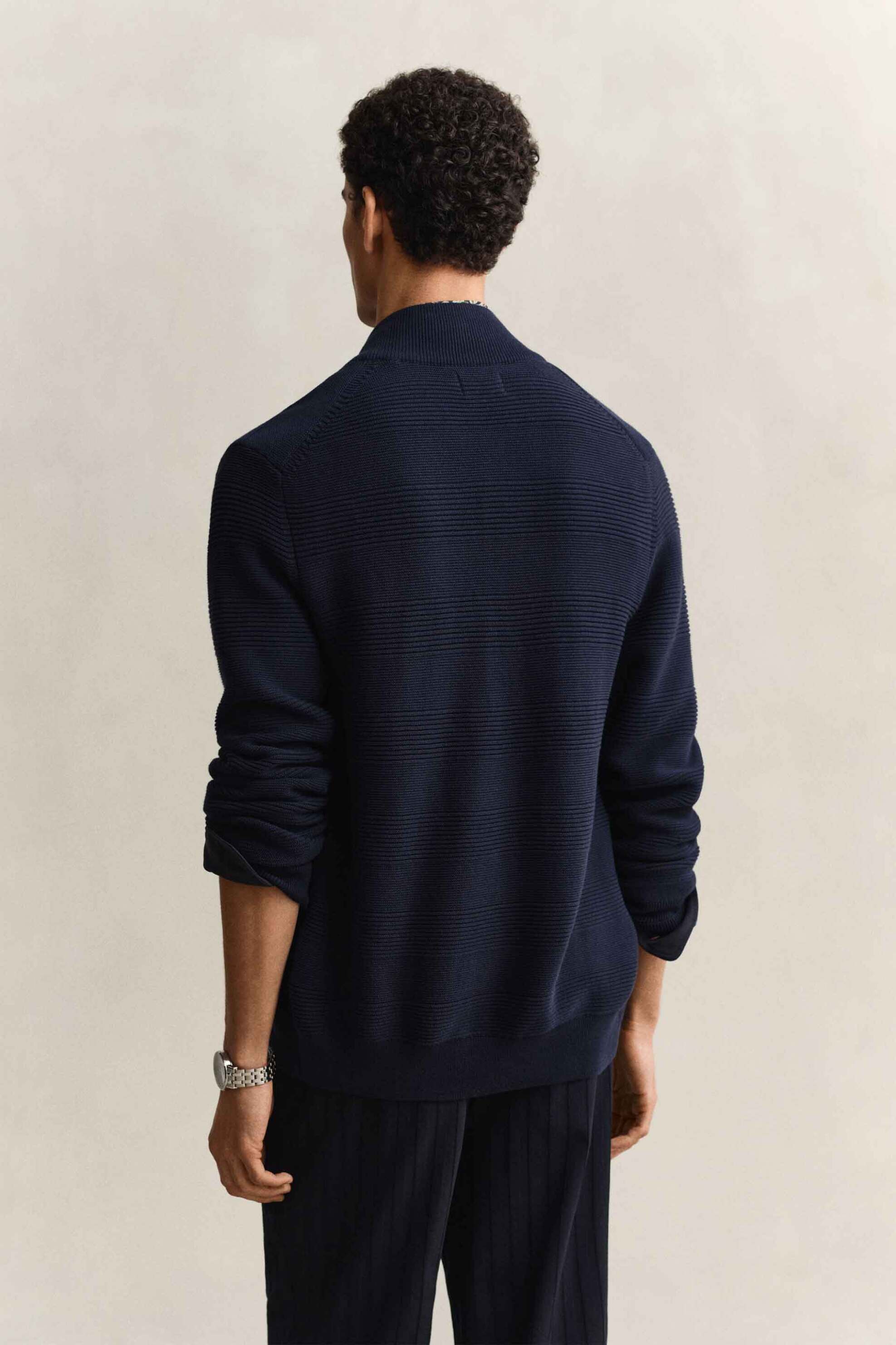 Gant Ανδρική Πλεκτή Ζακέτα Textured με Λογότυπο Regular Fit - 8030278 Μπλε Σκούρο