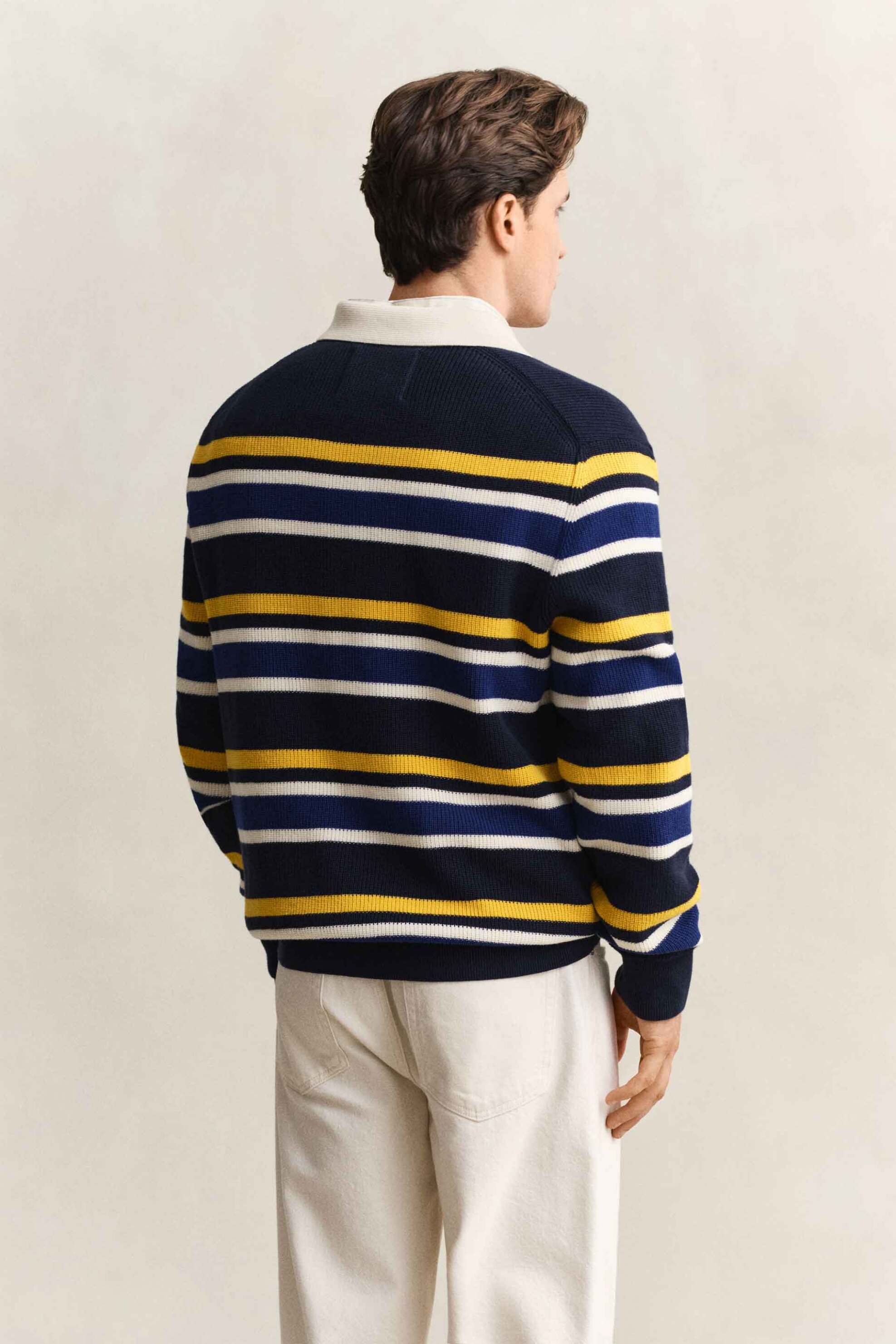 Gant Ανδρικό Πουλόβερ Ribbed με Γιακά Και Ριγέ Σχέδιο Regular Fit - 8030283 Μπλε Σκούρο