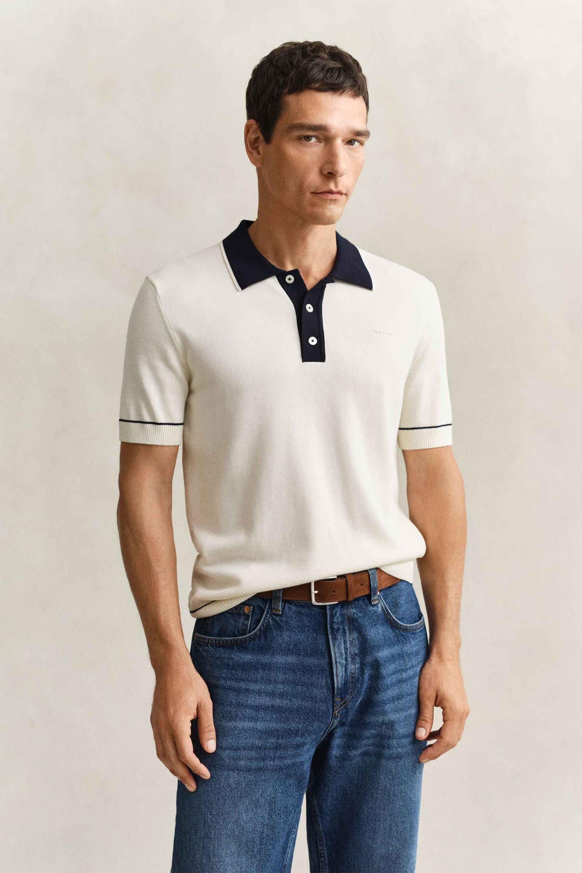 Gant ανδρική πλεκτή μπλούζα πόλο με λογότυπο Regular Fit - 8030287 Κρέμ