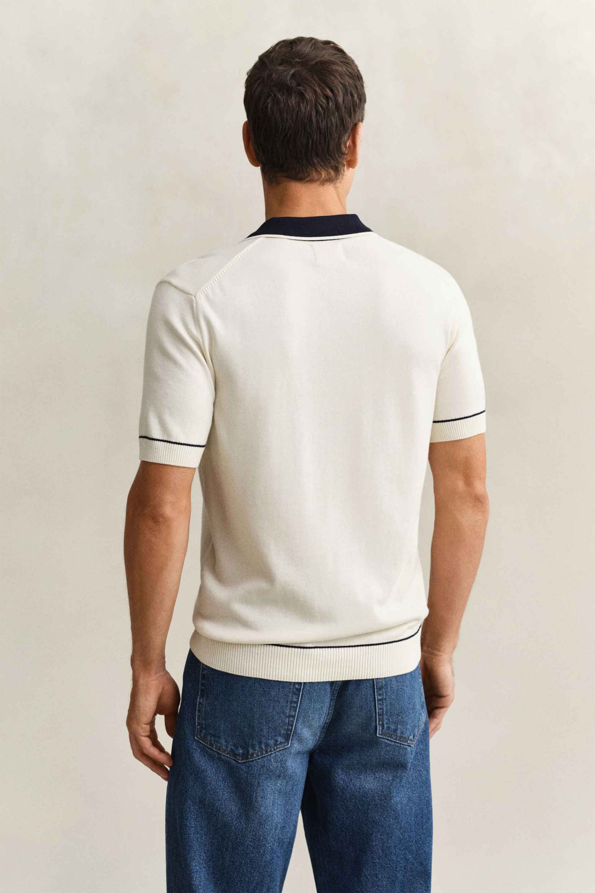 Gant Ανδρική Πλεκτή Μπλούζα Πόλο με Λογότυπο Regular Fit - 8030287 Κρέμ