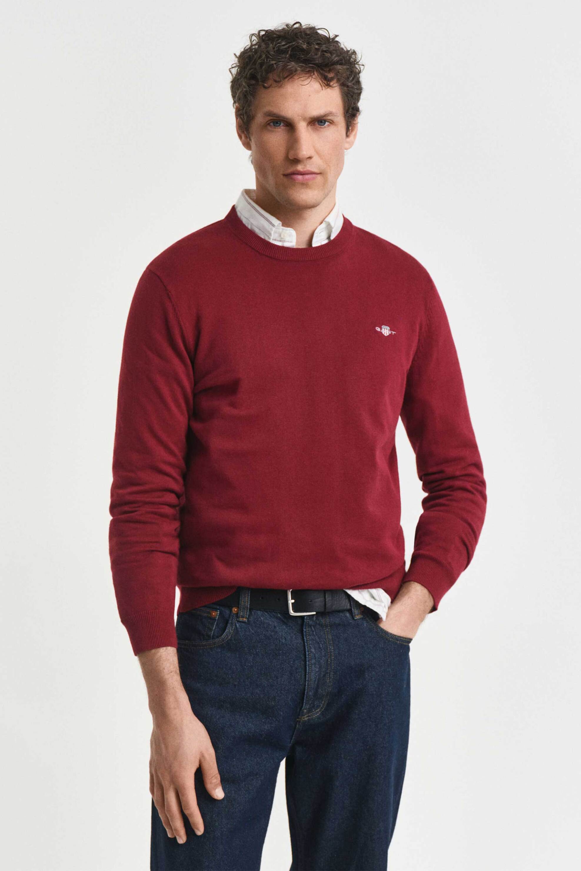 Gant ανδρικό πουλόβερ μονόχρωμο με κεντημένο λογότυπο Regular Fit - 8030561 Μπορντό