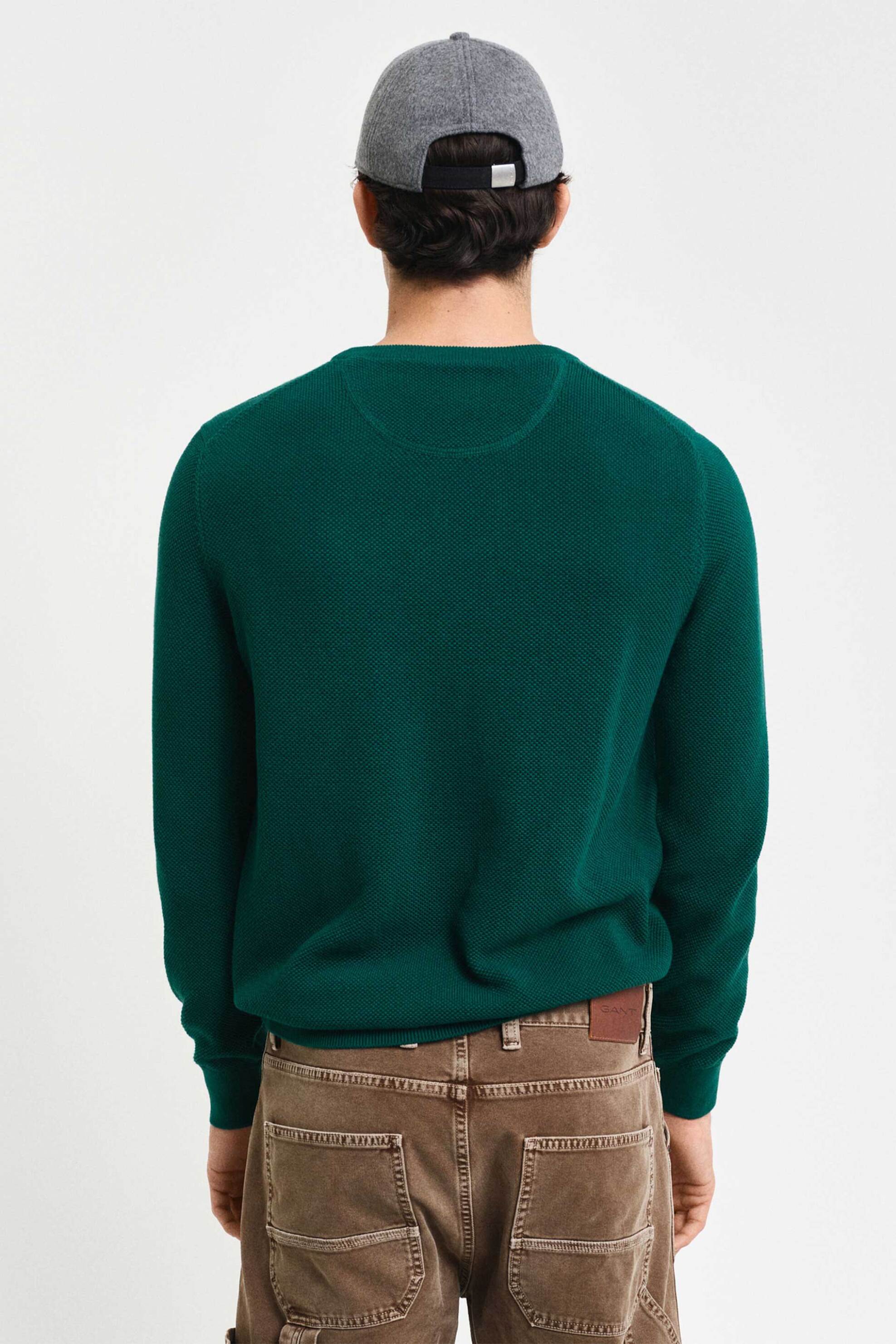 Gant ανδρικό πουλόβερ μονόχρωμο πικέ με κεντημένο λογότυπο Regular Fit - 8040521 Πράσινο Σκούρο φωτογραφία