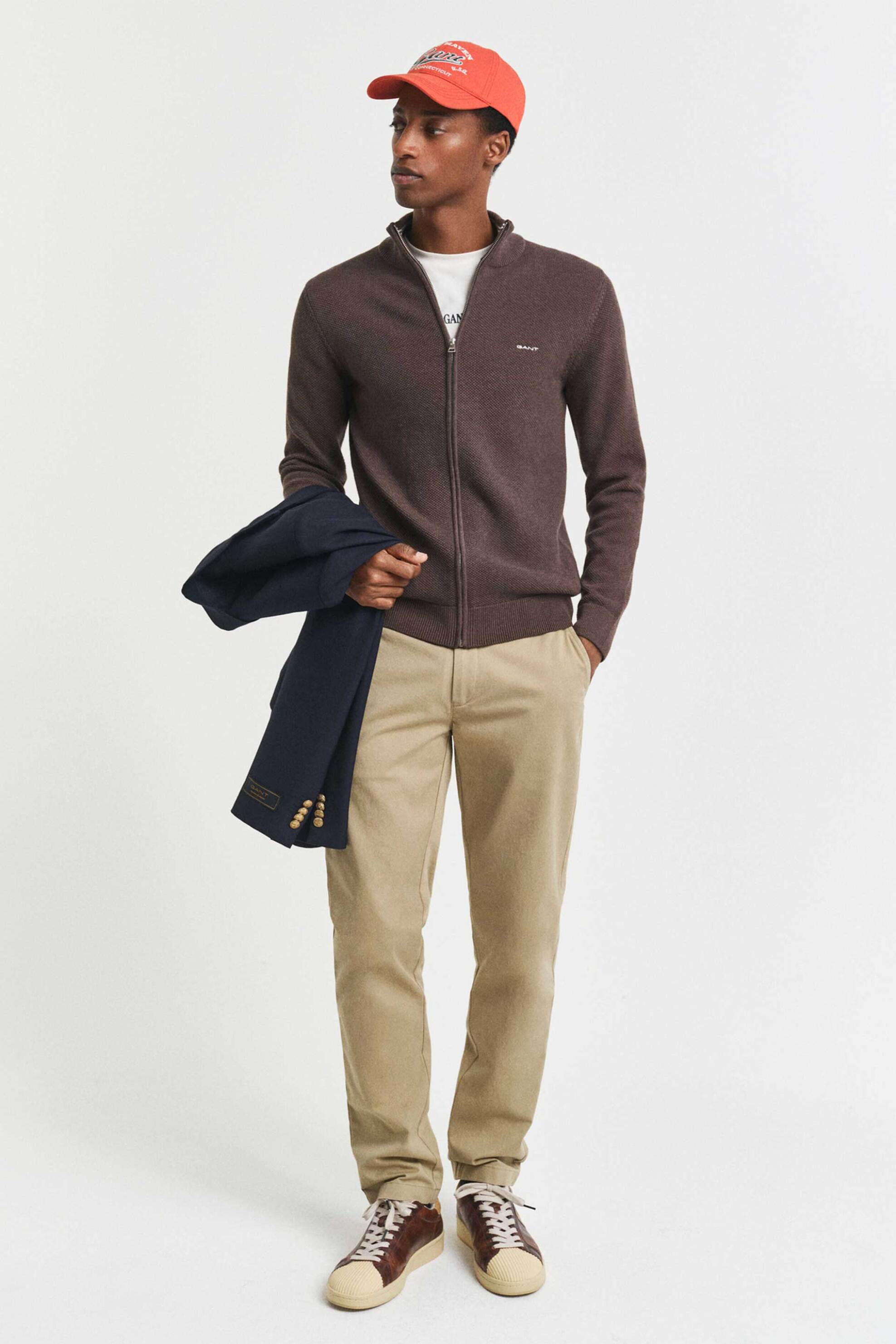 Gant ανδρική πλεκτή ζακέτα με κεντημένο λογότυπο Regular Fit - 8040524 Καφέ φωτογραφία