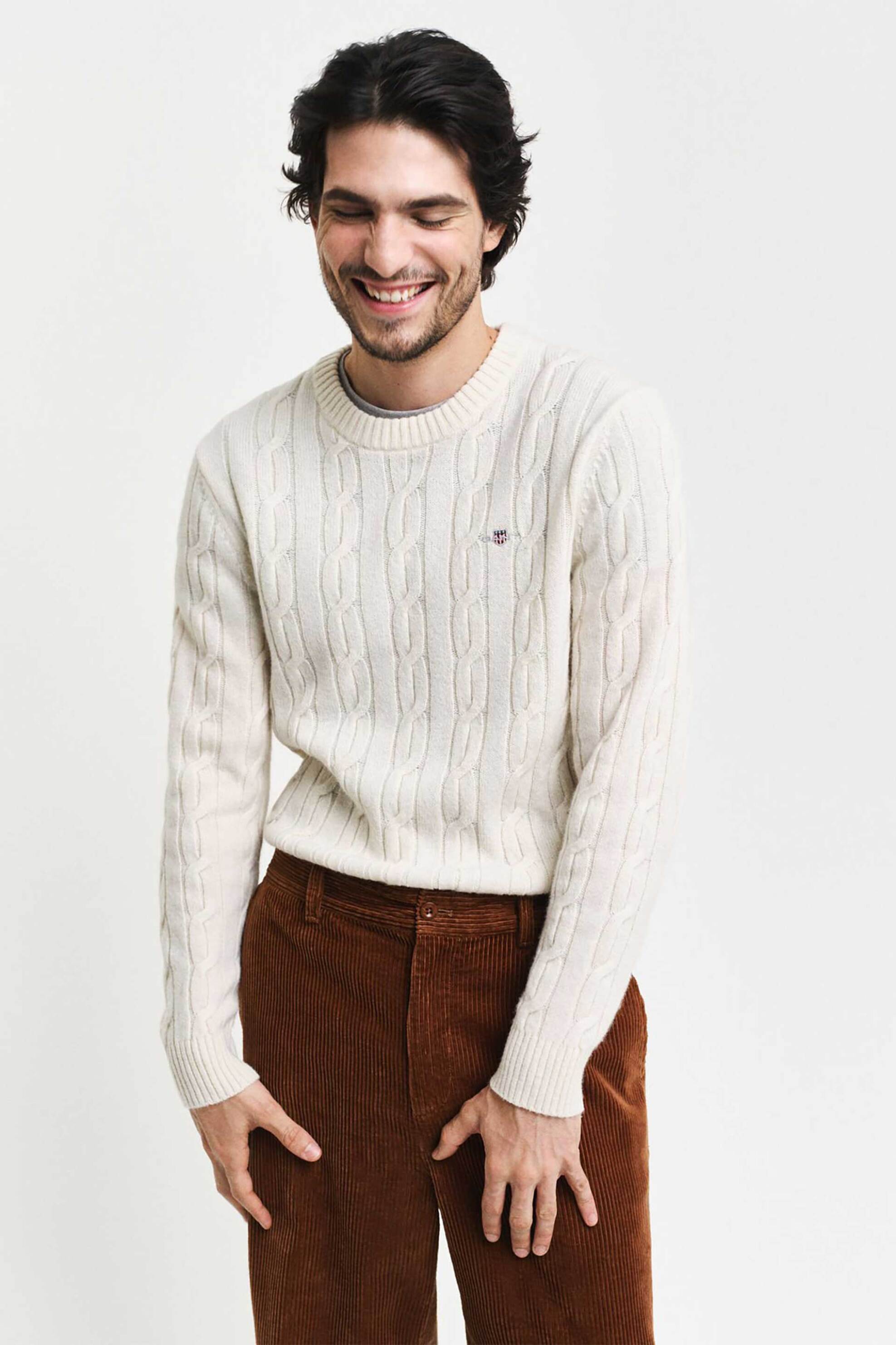 Gant ανδρικό μάλλινο πουλόβερ με cable knit pattern Regular Fit - 8050213 Κρέμ