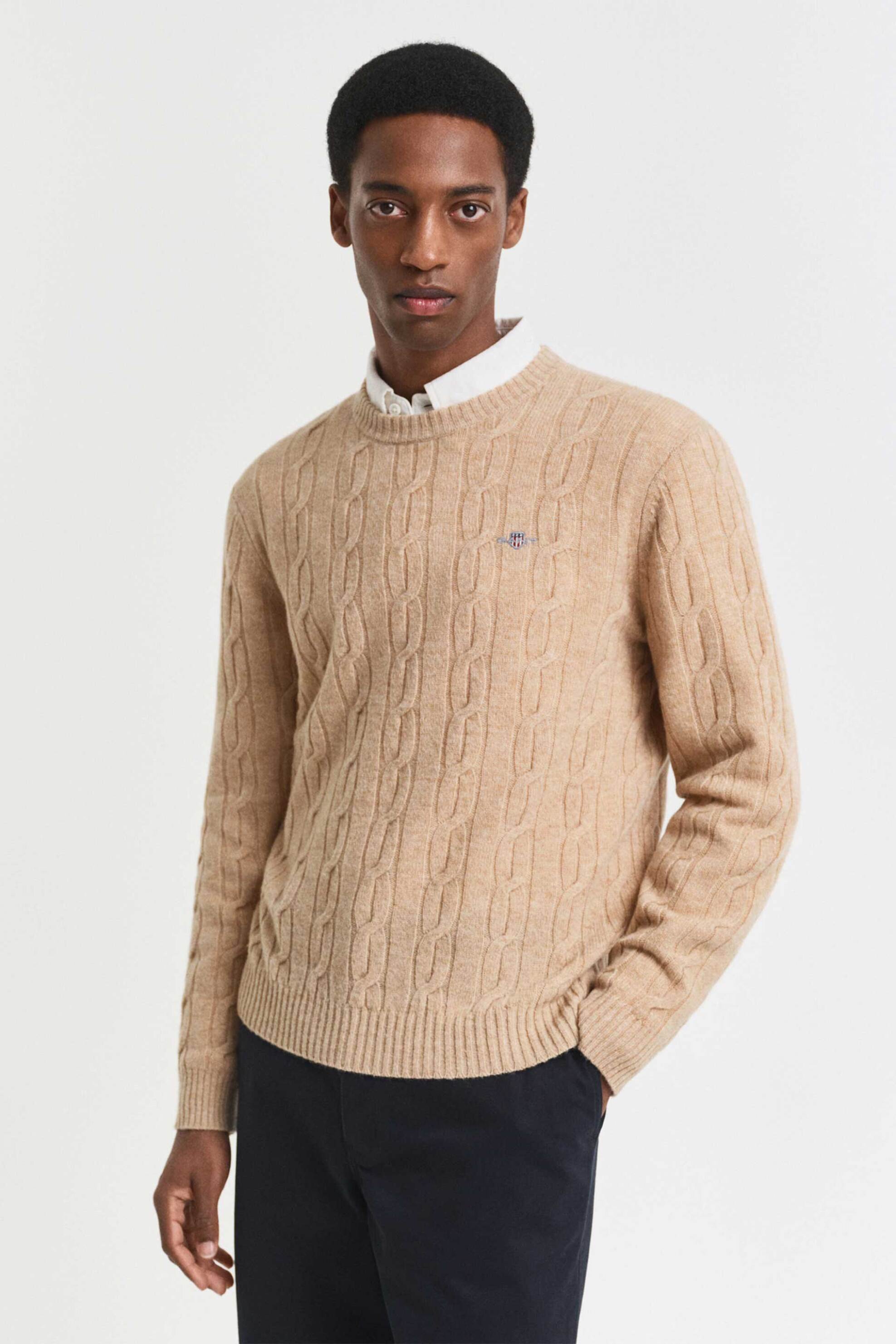 Gant ανδρικό μάλλινο πουλόβερ με cable knit pattern Regular Fit - 8050213 Καφέ Ανοιχτό