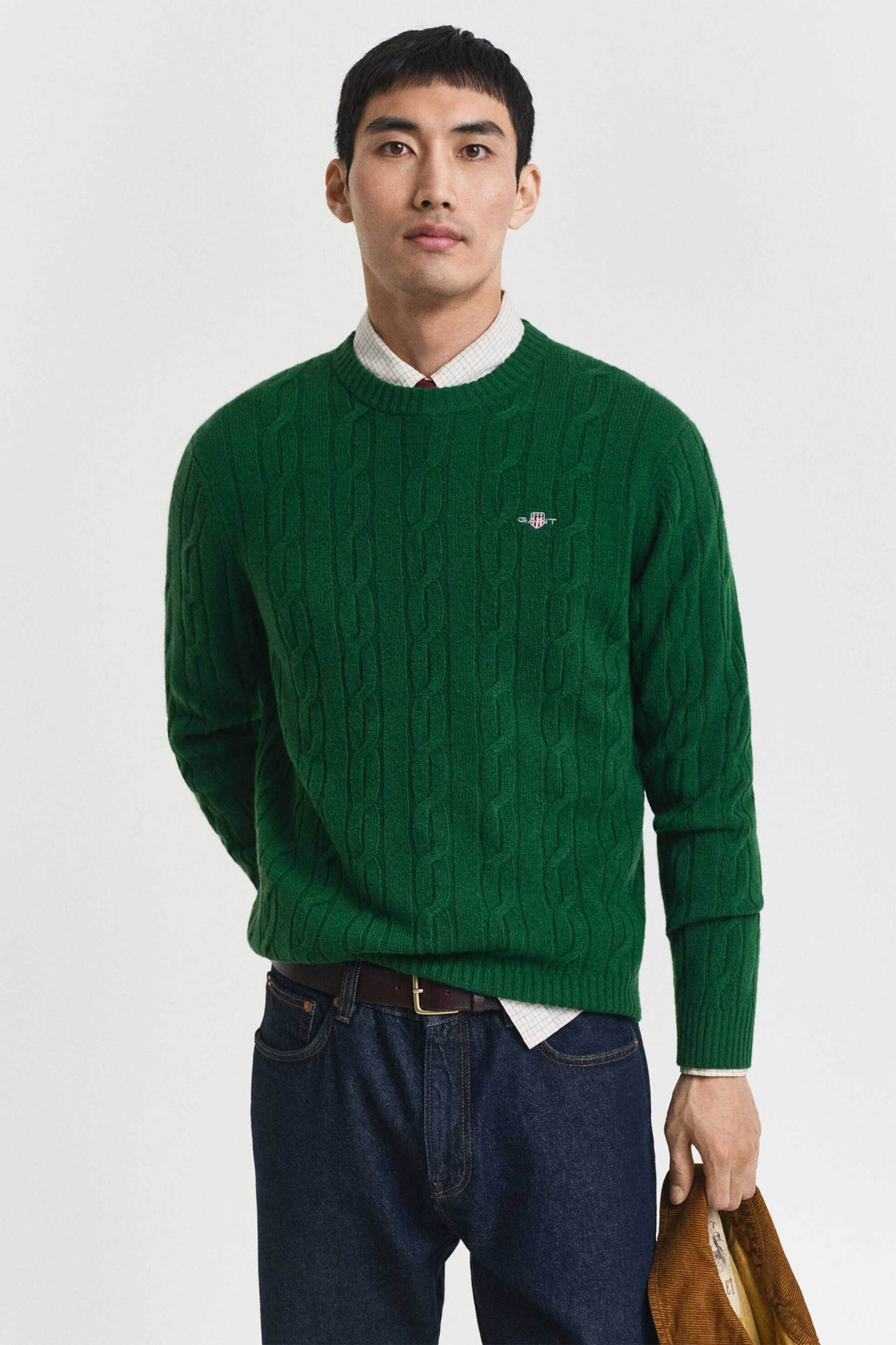 Gant ανδρικό μάλλινο πουλόβερ με cable knit pattern Regular Fit - 8050213 Πράσινο