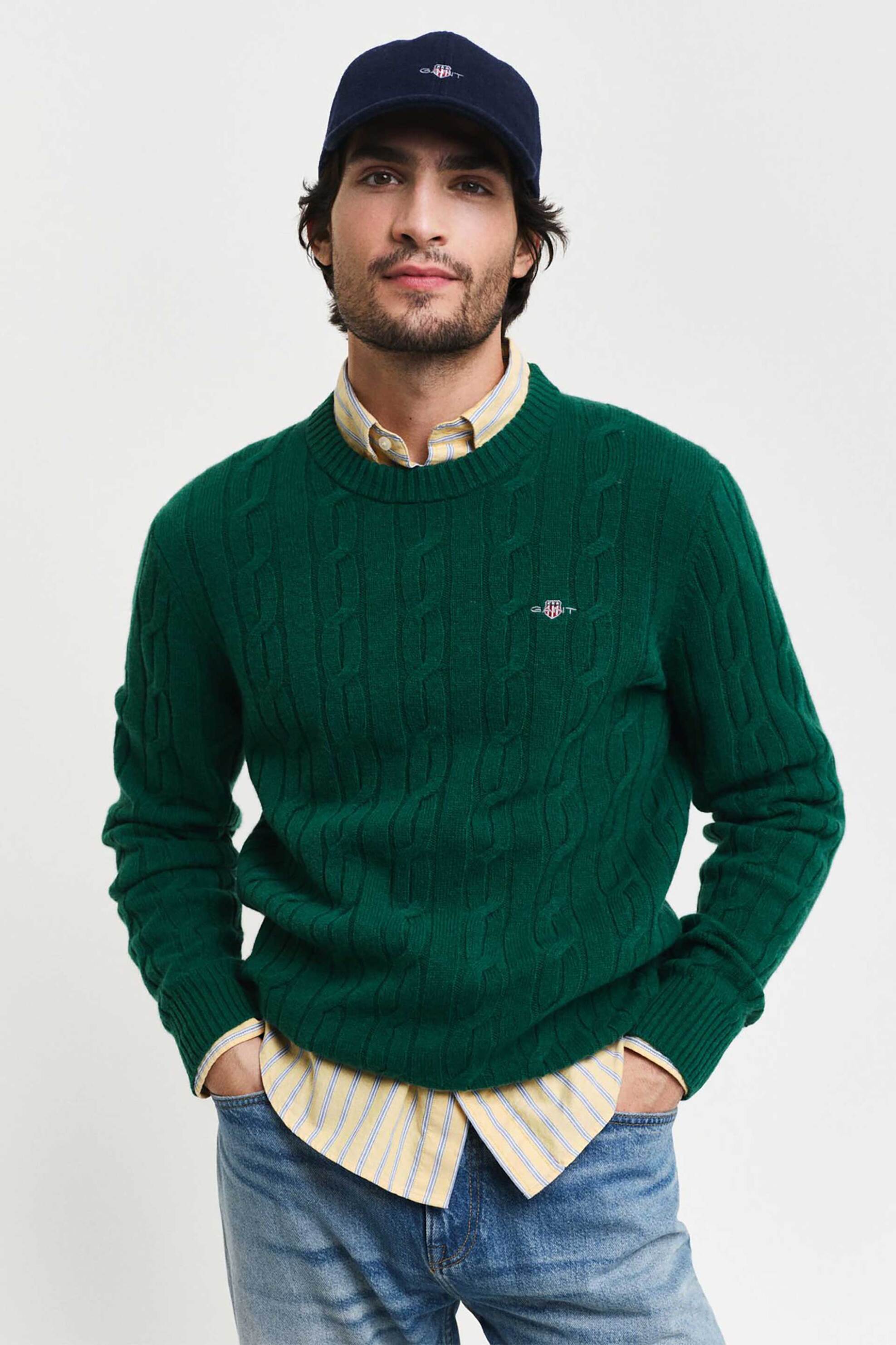 Gant ανδρικό μάλλινο πουλόβερ με cable knit pattern Regular Fit - 8050213 Πράσινο Σκούρο