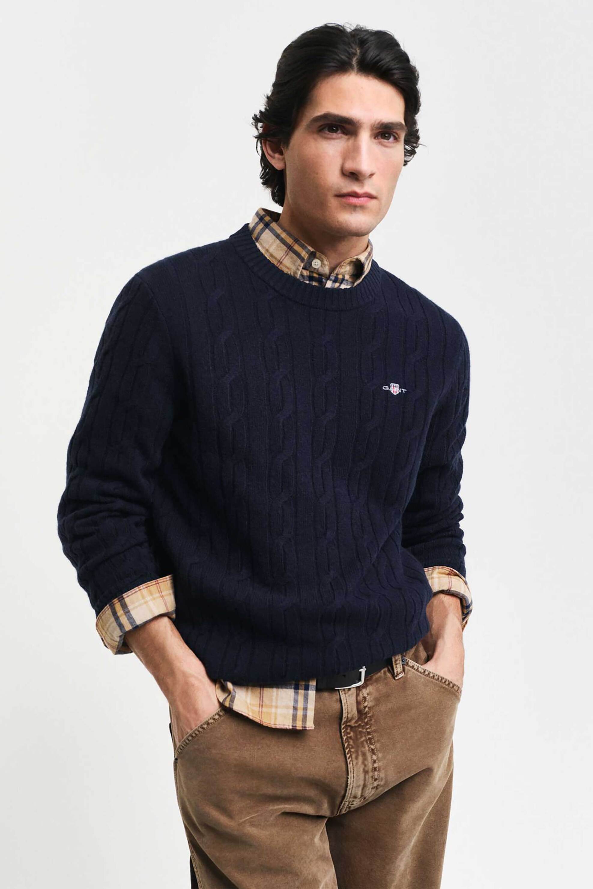 Gant ανδρικό μάλλινο πουλόβερ με cable knit pattern Regular Fit - 8050213 Μπλε Σκούρο