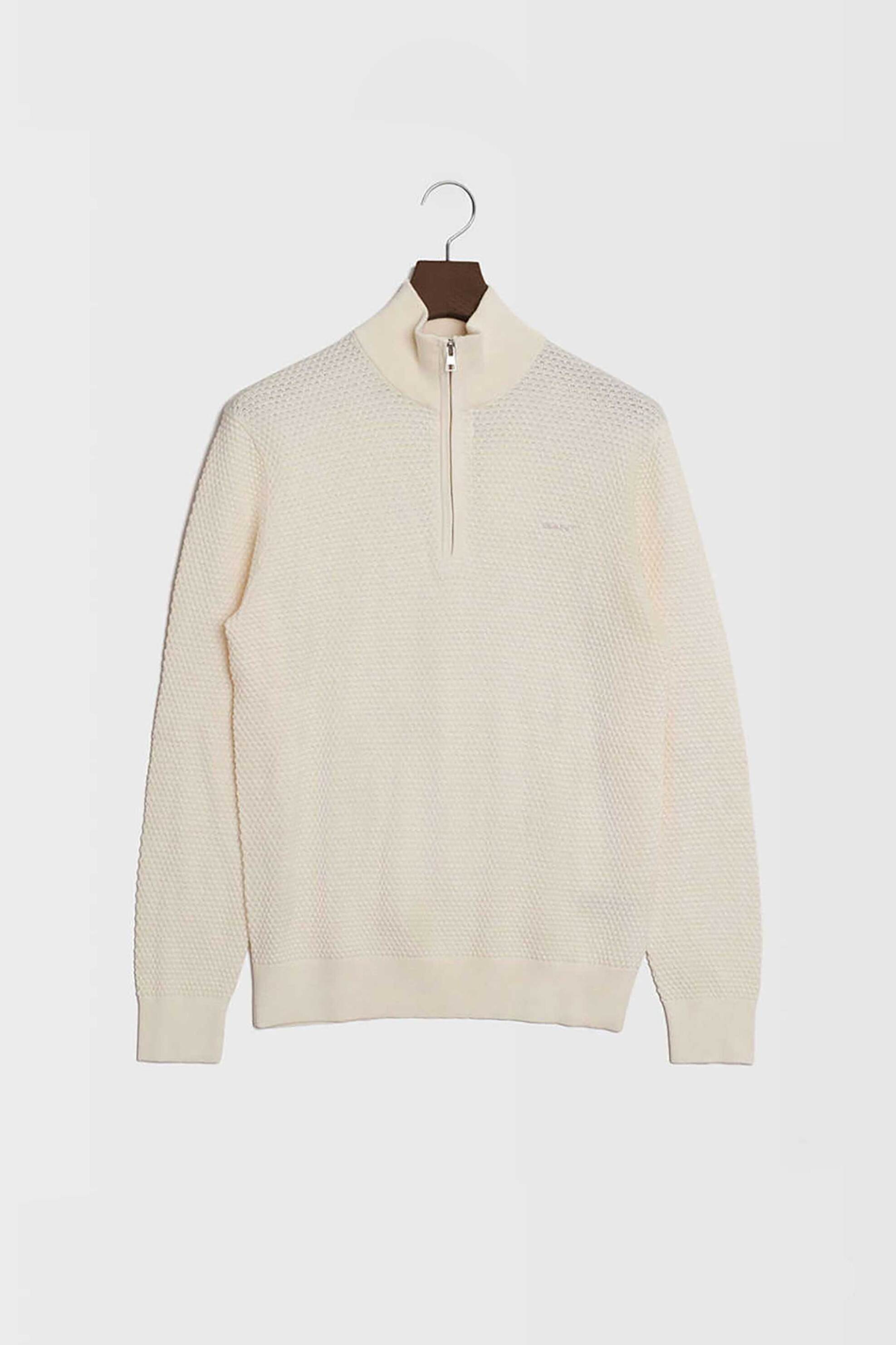 Gant ανδρικό πουλόβερ textured με κεντημένο λογότυπο και ψηλό λαιμό με 1/2 φερμουάρ Regular Fit - 8050263 Κρέμ