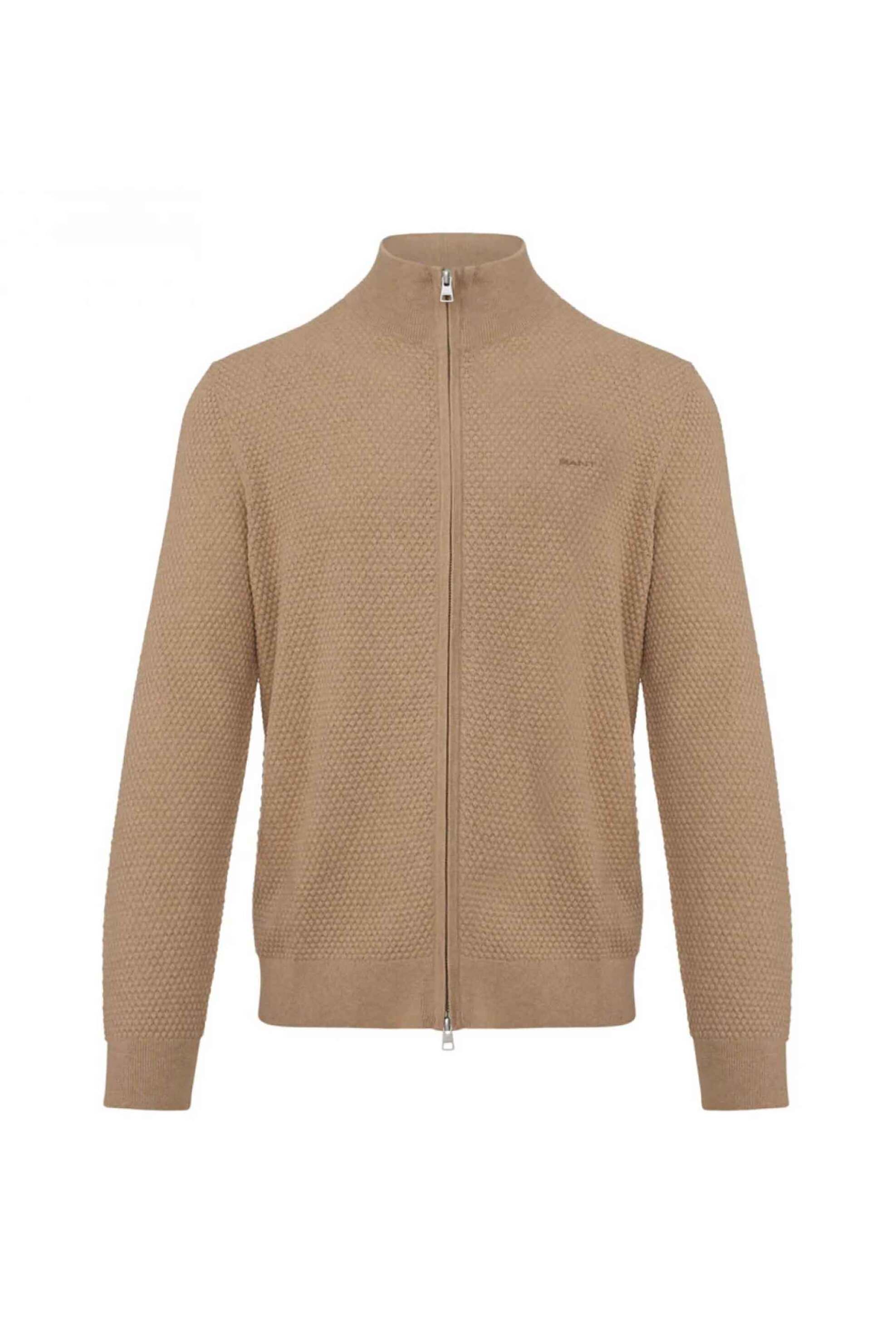 Gant ανδρική πλεκτή ζακέτα textured με ψηλό λαιμό και κεντημένο λογότυπο Regular Fit - 8050264 Καφέ Ανοιχτό