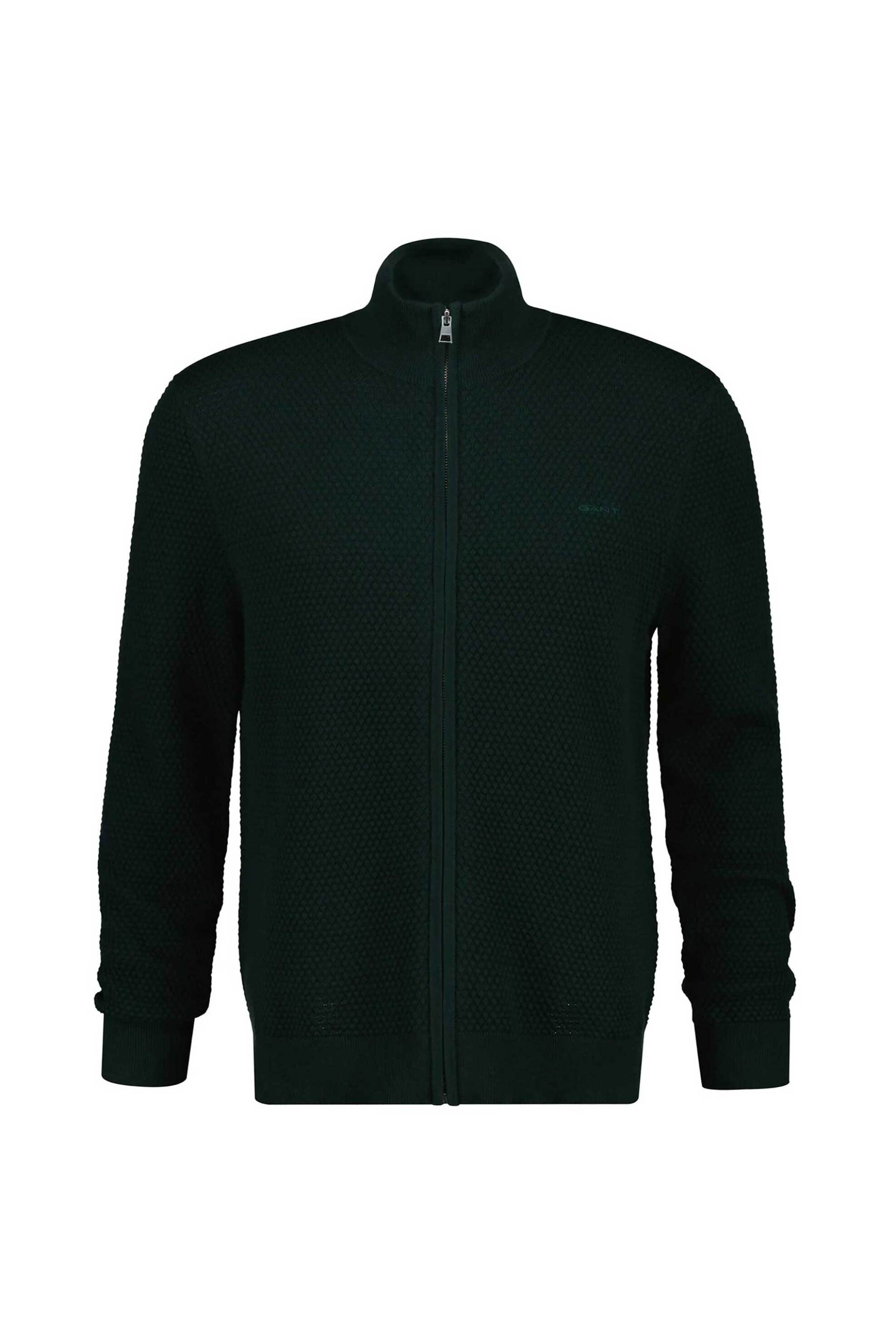 Gant ανδρική πλεκτή ζακέτα textured με ψηλό λαιμό και κεντημένο λογότυπο Regular Fit - 8050264 Πράσινο Σκούρο