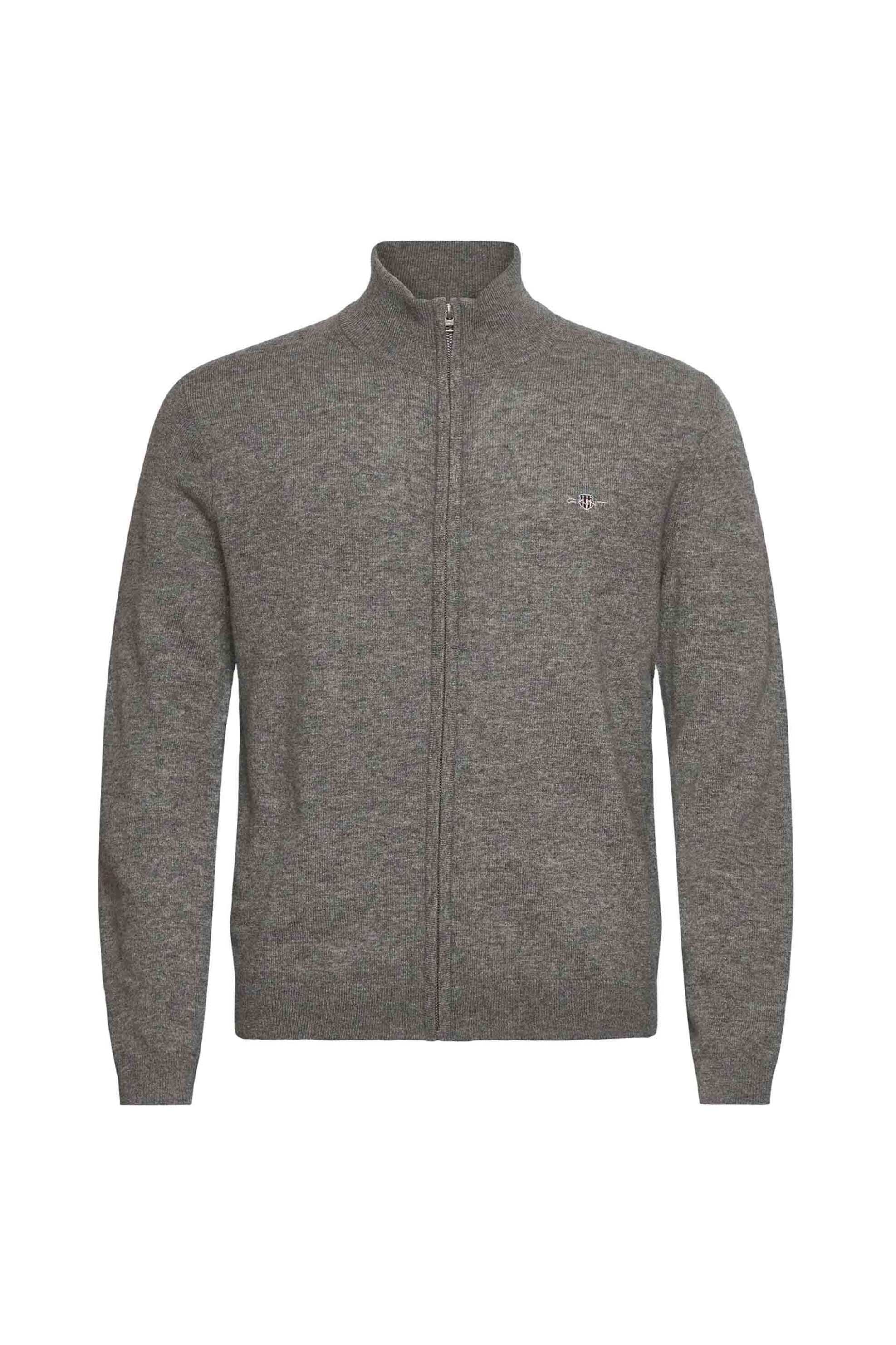 Gant ανδρική πλεκτή ζακέτα με ψηλό λαιμό και κεντημένο λογότυπο Regular Fit - 8050275 Γκρι