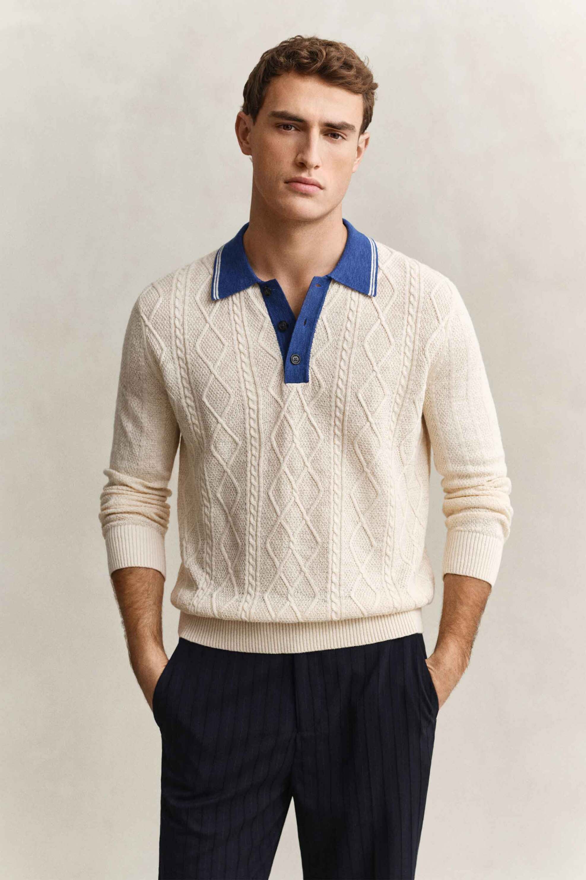 Gant ανδρική πλεκτή μπλούζα πόλο με cable knit pattern και μετάξι Regular Fit - 8050300 Εκρού