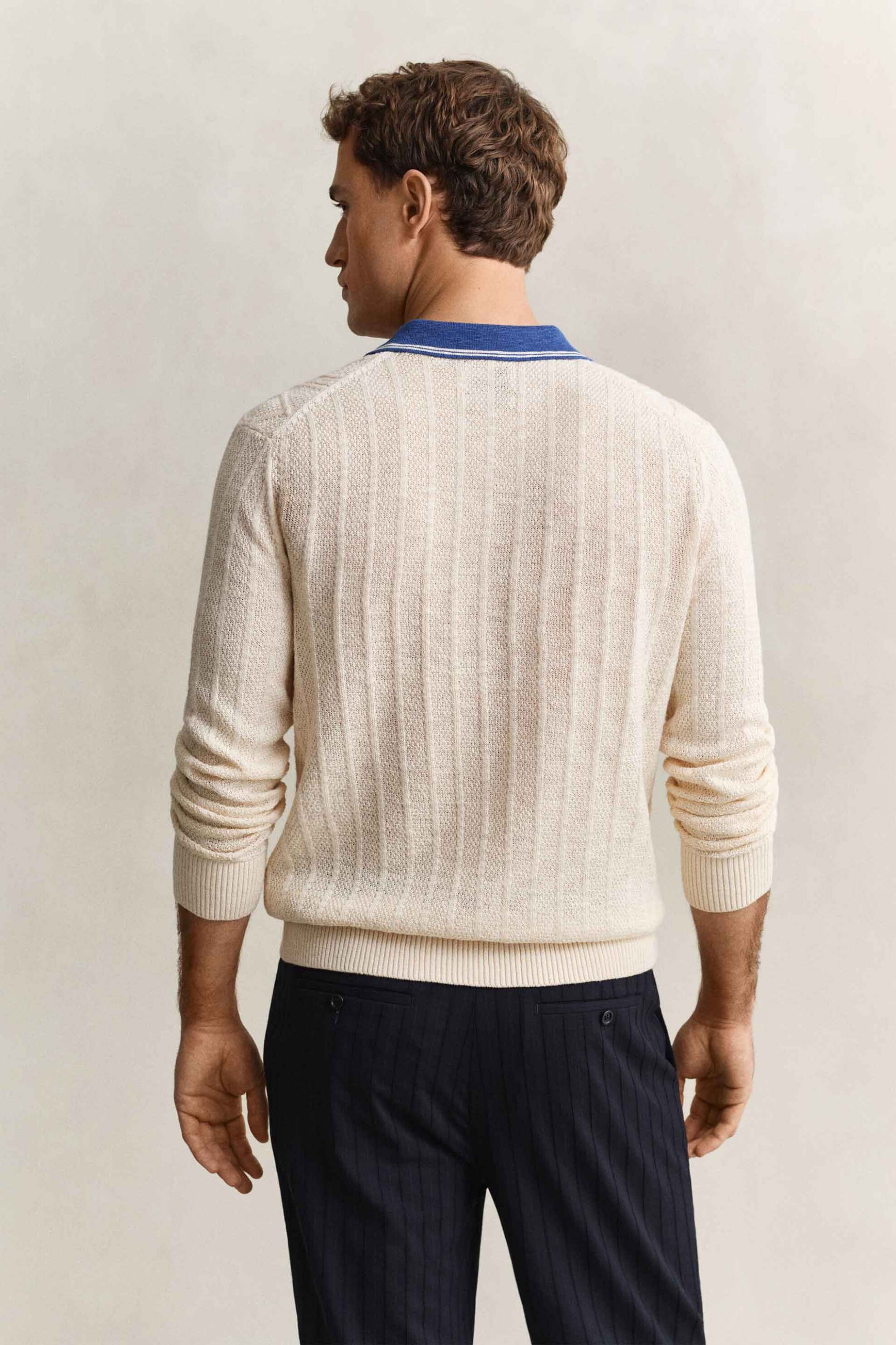 Gant Ανδρική Πλεκτή Μπλούζα Πόλο με Cable Knit Pattern Και Μετάξι Regular Fit - 8050300 Εκρού