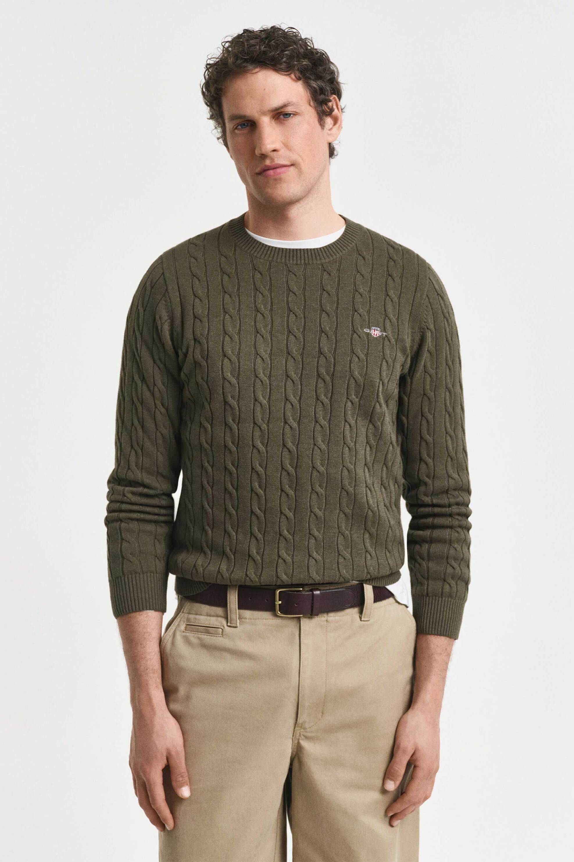Gant ανδρικό πουλόβερ με cable knit pattern και κεντημένο λογότυπο Regular Fit - 8050601 Χακί